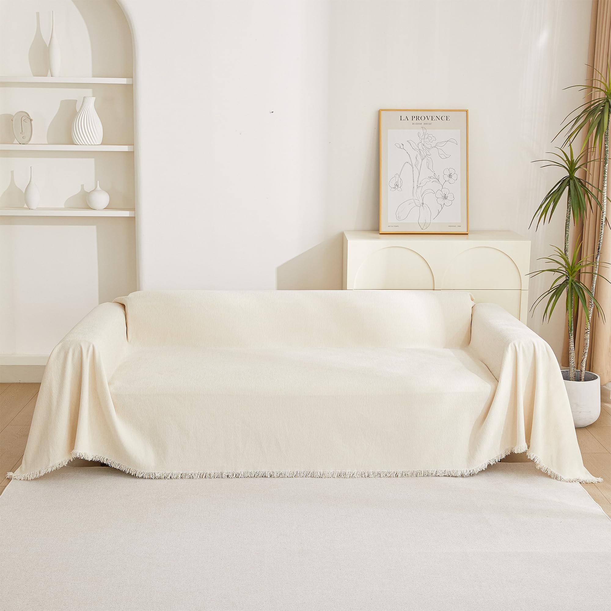 Boho Chenille Sofa Cover for 2-Cushion Sectional Couches - Washable L-Shape Couch Cover with Tassels (71