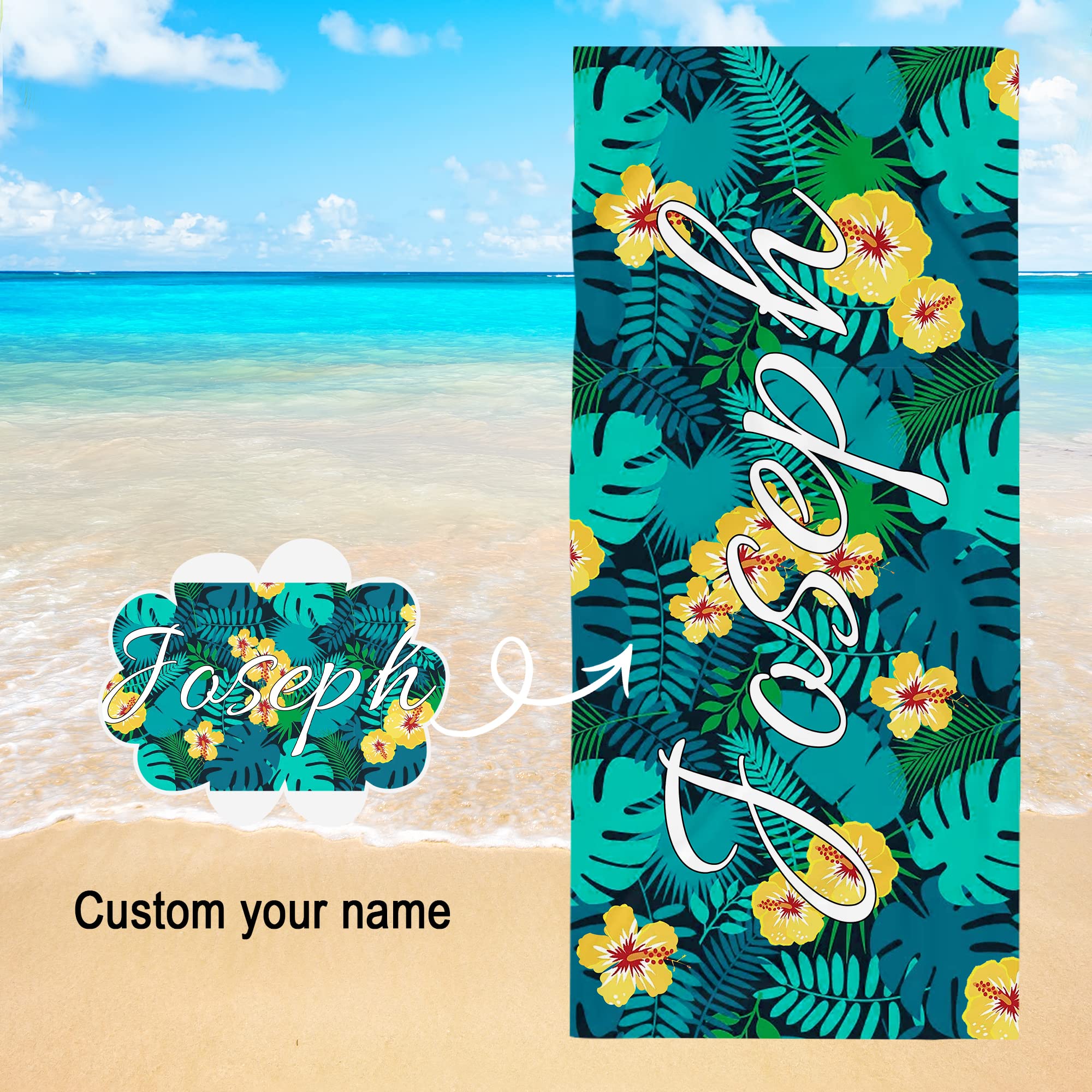 Personalized Custom Beach Towel with Name - Super Absorbent Quick Dry Microfiber Pool Towel for Swimming, Camping & Beach - Oversized Sand-Free Bath Towel for Women & Men - Perfect for Summer Vacations, Pool Parties & Outdoor Adventures