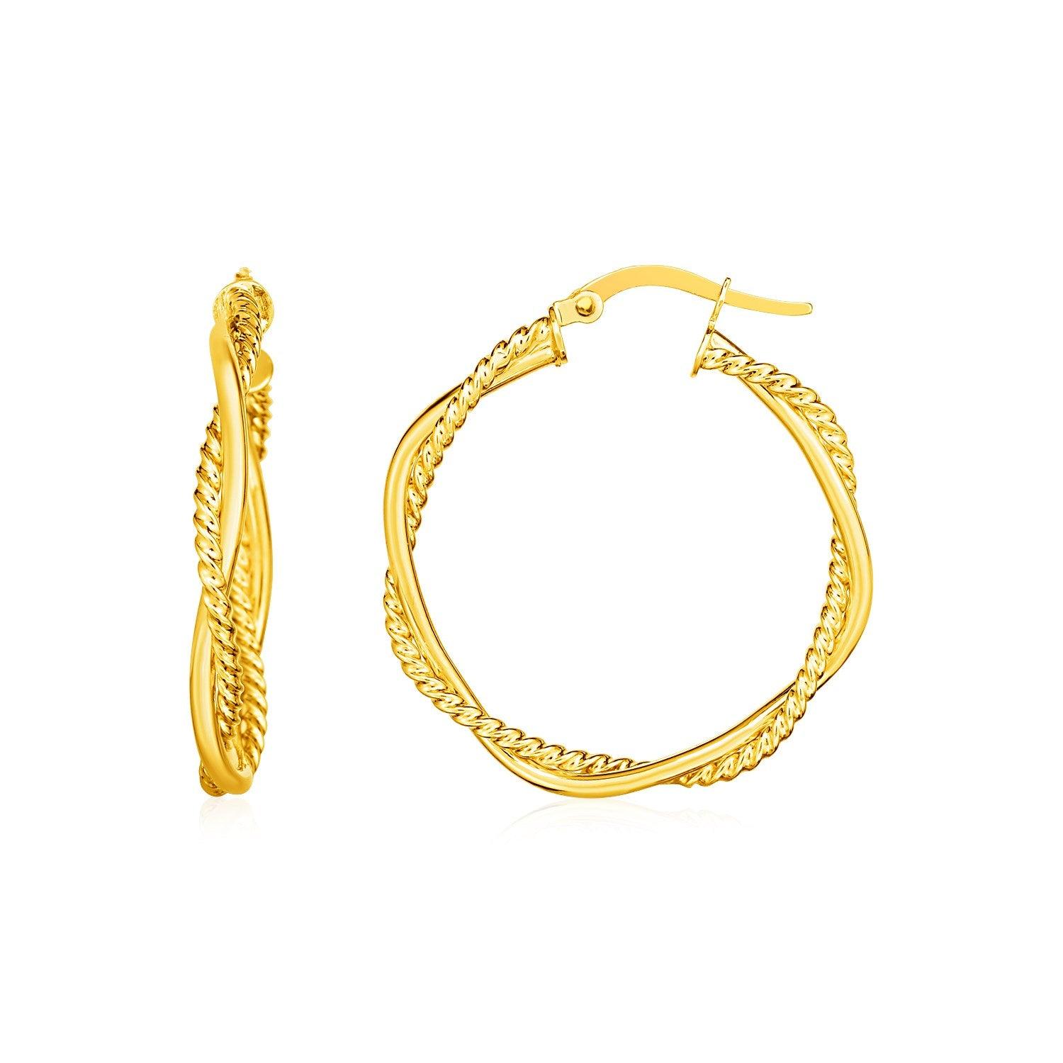 14K Yellow Gold Textured Twisted Hoop Earrings for Women - Elegant Round Two-Part Design, Perfect for Parties, Weddings & Everyday Wear