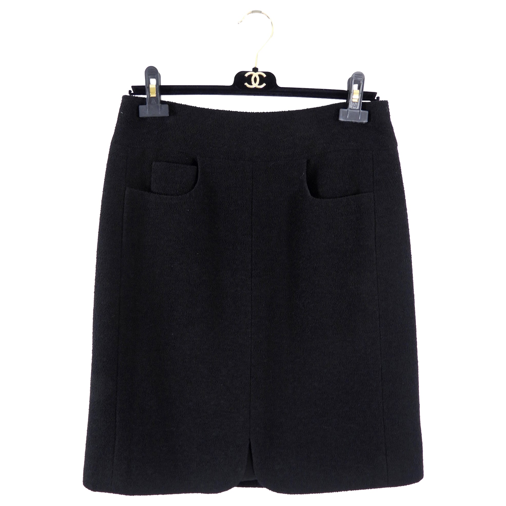 Chanel 07P Black Classic Skirt Suit with Gold CC Buttons - Women's Luxury Tweed Jacket & Skirt Set Size FR40 / US8 for Office, Wedding & Special Occasions