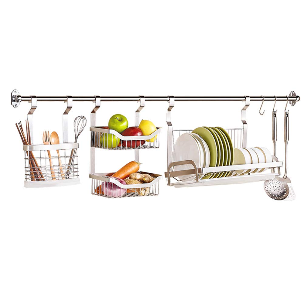 Stainless Steel Wall Mount Kitchen Organizer Shelf with Rail Rack, 2-Tier Net Basket & 3 S-Hooks - Space Saving Utensil Holder & Dish Drying Rack for Small Kitchens, Apartments, RVs - Perfect for Organizing Spoons, Ladles, Cutting Boards & Drying Dishes