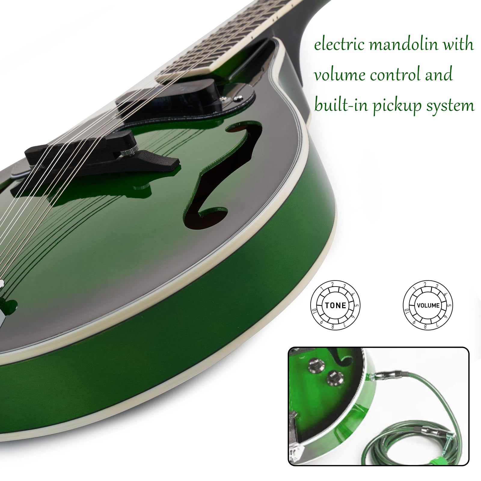 Acoustic Electric Mandolin - MIRIO A-Style 8-String Beginner Mandolin with Tuner, Strings, Bag & Picks (Electric Green) - Perfect for Adults Learning Music & Christmas Gifts