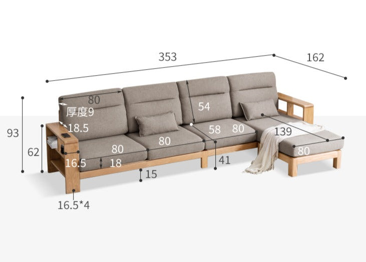 Premium Oak Solid Wood Sectional Sofa Set - Modern L-Shaped Couch with Storage for Living Room, Lounge & Family Room - Durable Hardwood Furniture for Home Decor