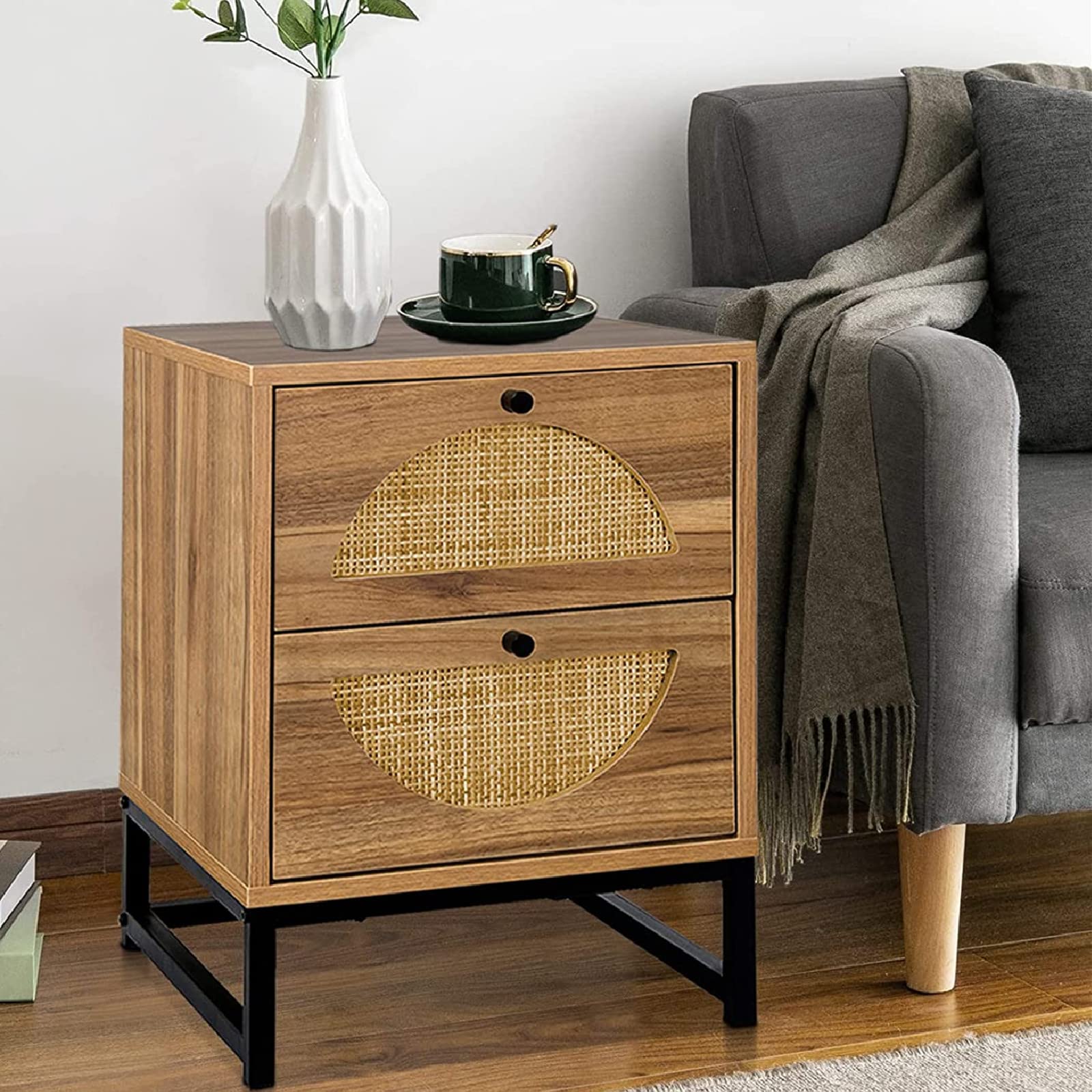Rattan Nightstand with 2 Drawers & Metal Legs - Natural Rustic Bedside Table for Bedroom, Living Room | End Table with Storage Shelf for Home Decor & Organization