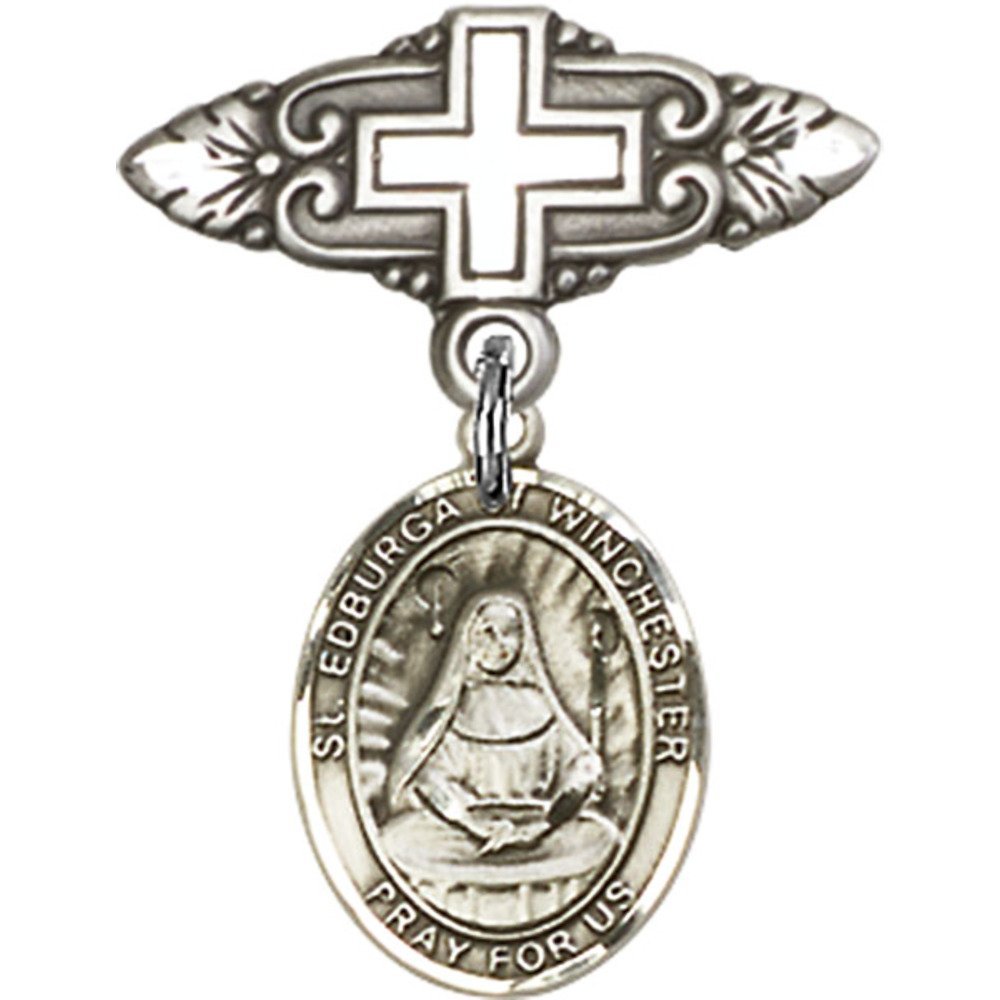 Sterling Silver Baby Badge with St. Edburga of Winchester Charm - Religious Cross Pin for Christening, Baptism & First Communion - 1 x 3/4 Inch Jewelry Gift for Babies & Kids