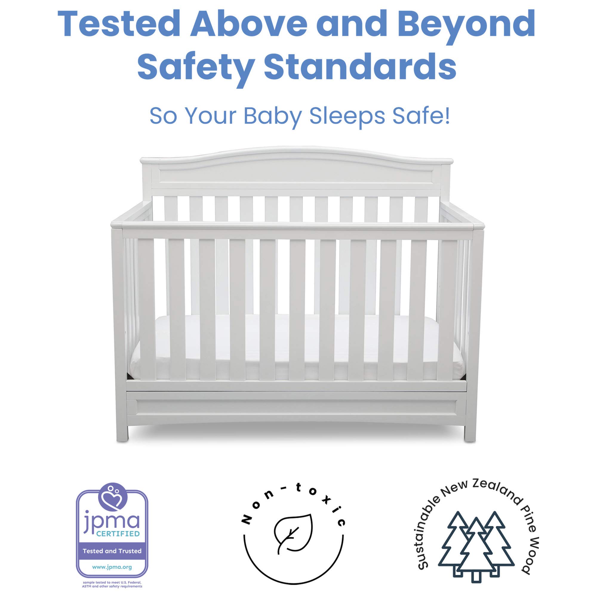 Delta Children Emery 4-in-1 Convertible Crib in White with Serta Perfect Slumber Dual-Sided Eco-Friendly Crib Mattress - Nursery Furniture Set for Baby & Toddler | Safe Sleep Solution for Newborns to Big Kids