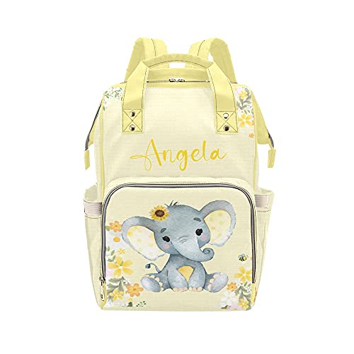 Custom Personalized Yellow Floral Elephant Diaper Backpack for Men & Women - Nursing Baby Bag with Name Embroidery, Travel Daypack & Shoulder Bag for Moms, Dads & Caregivers - Perfect for Hospital Visits, Day Trips & Baby Essentials Organization