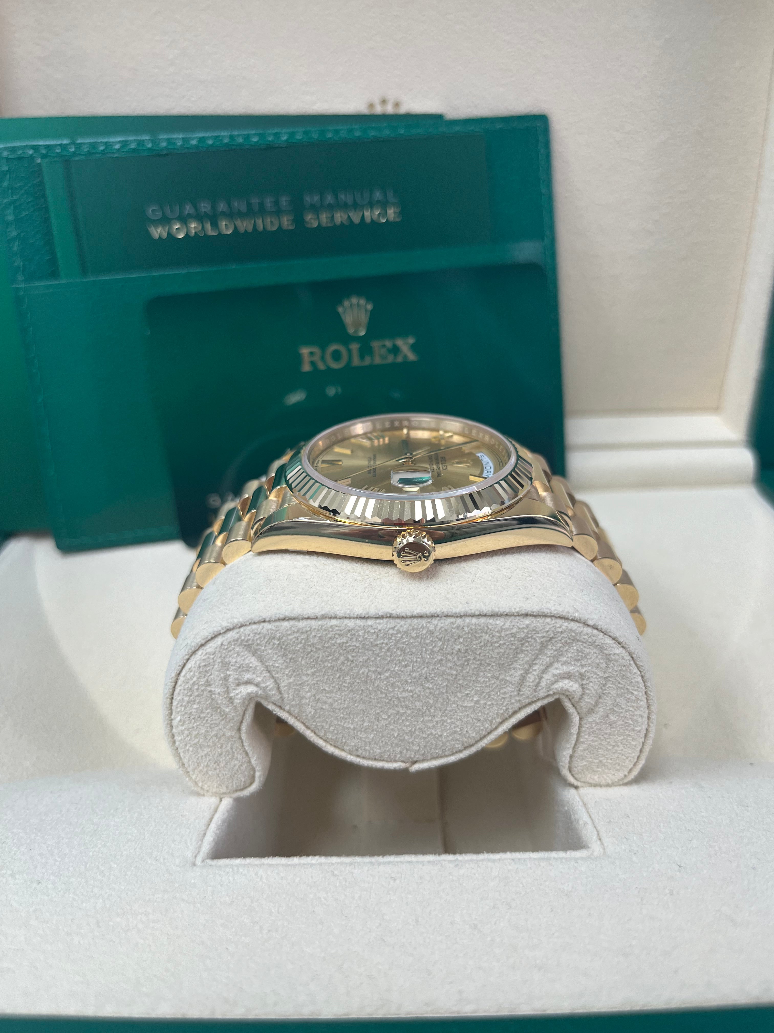 Rolex Day Date 40mm 18K Yellow Gold Men's Watch with Champagne Roman Dial & Fluted Bezel (Ref #228238) - Luxury Dress Watch for Business & Formal Occasions