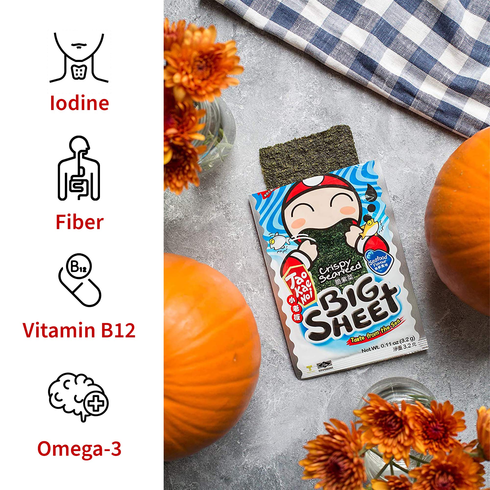 Crispy Thai Seaweed Snacks by Tao Kae Noi | Seafood Flavor Nori Chips | Healthy Low-Calorie Snack for Kids & Adults | 12 Individually Wrapped Sheets (3.2g each) | Perfect for Lunchboxes, Office Snacks & On-the-Go Healthy Eating