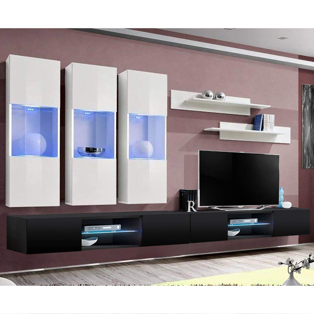 Modern Floating TV Stand with Storage & LED Lights - Wall-Mounted Entertainment Center for Bedroom & Living Room - White/Black TV Console with Shelves - Perfect for Small Spaces & Home Theater Setup