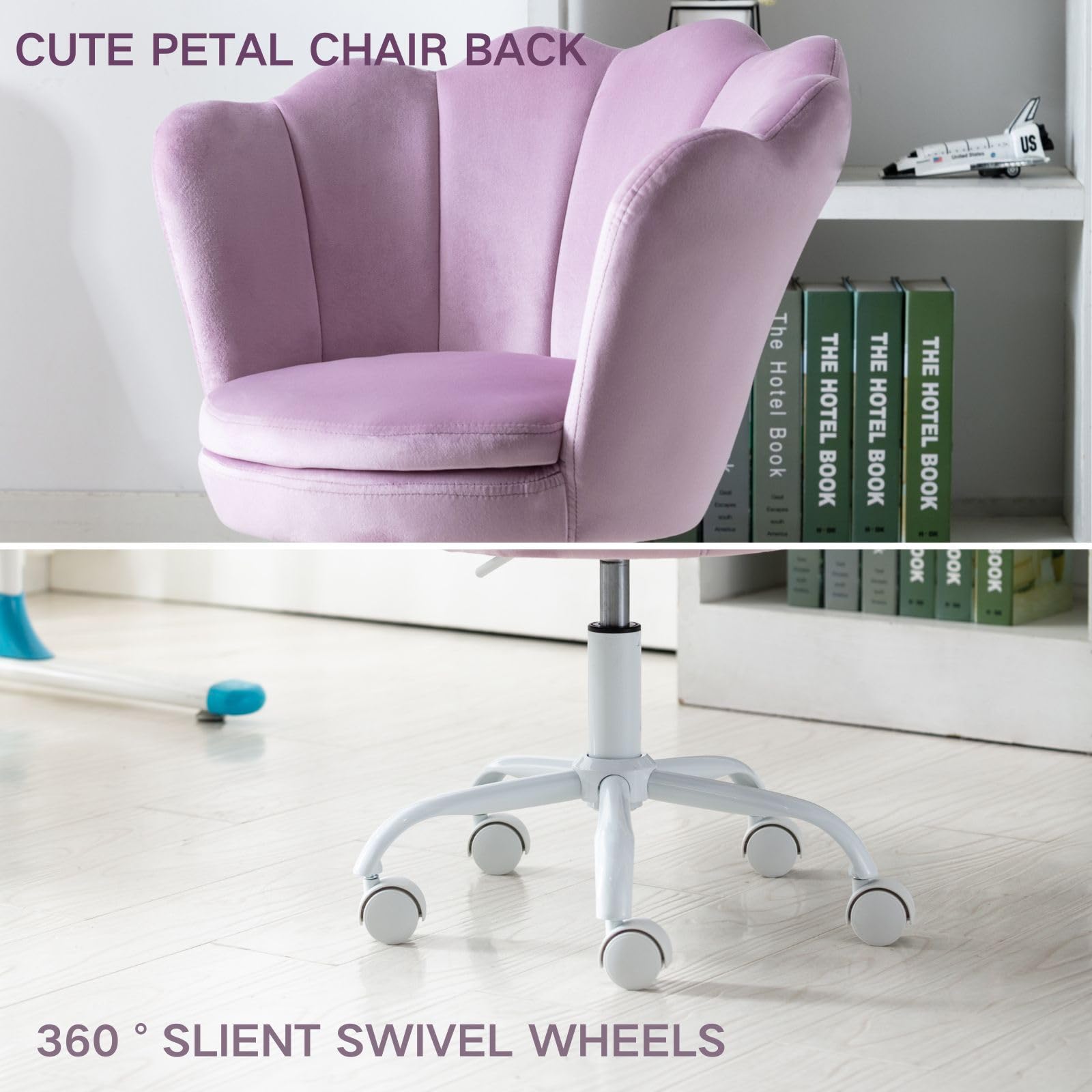 Kids Desk Chair With Wheels - Cute Petal Study Computer Chair With Arms, Upholstered Velvet Task Chair for Teen Girls, Swivel Rolling Chair for Bedroom & Vanity (Purple) - Perfect for Study, Gaming & Makeup Station