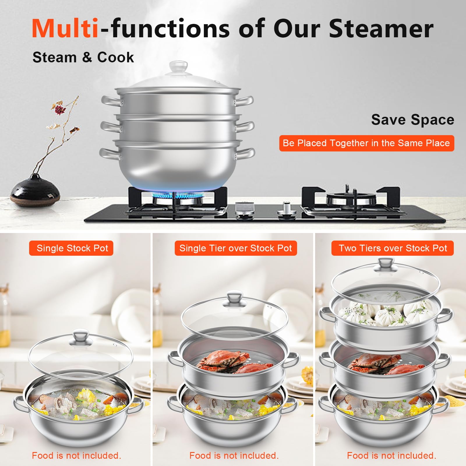 3-Tier Stainless Steel Steamer Pot with Explosion-Proof Glass Lid - 11 Inch Stackable Cookware Set for Induction, Gas & Electric Stoves - Perfect for Steaming Vegetables, Seafood and Dumplings at Home