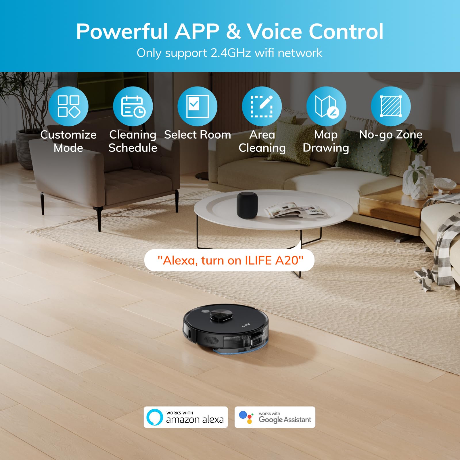 iLIFE A20 Robot Vacuum and Mop Combo with LiDAR Navigation - 3000Pa Strong Suction, Smart Mapping, App/Alexa Control - Ideal for Pet Hair, Hard Floors & Carpets (2.4GHz WiFi) - Perfect for Daily Home Cleaning & Pet Owners