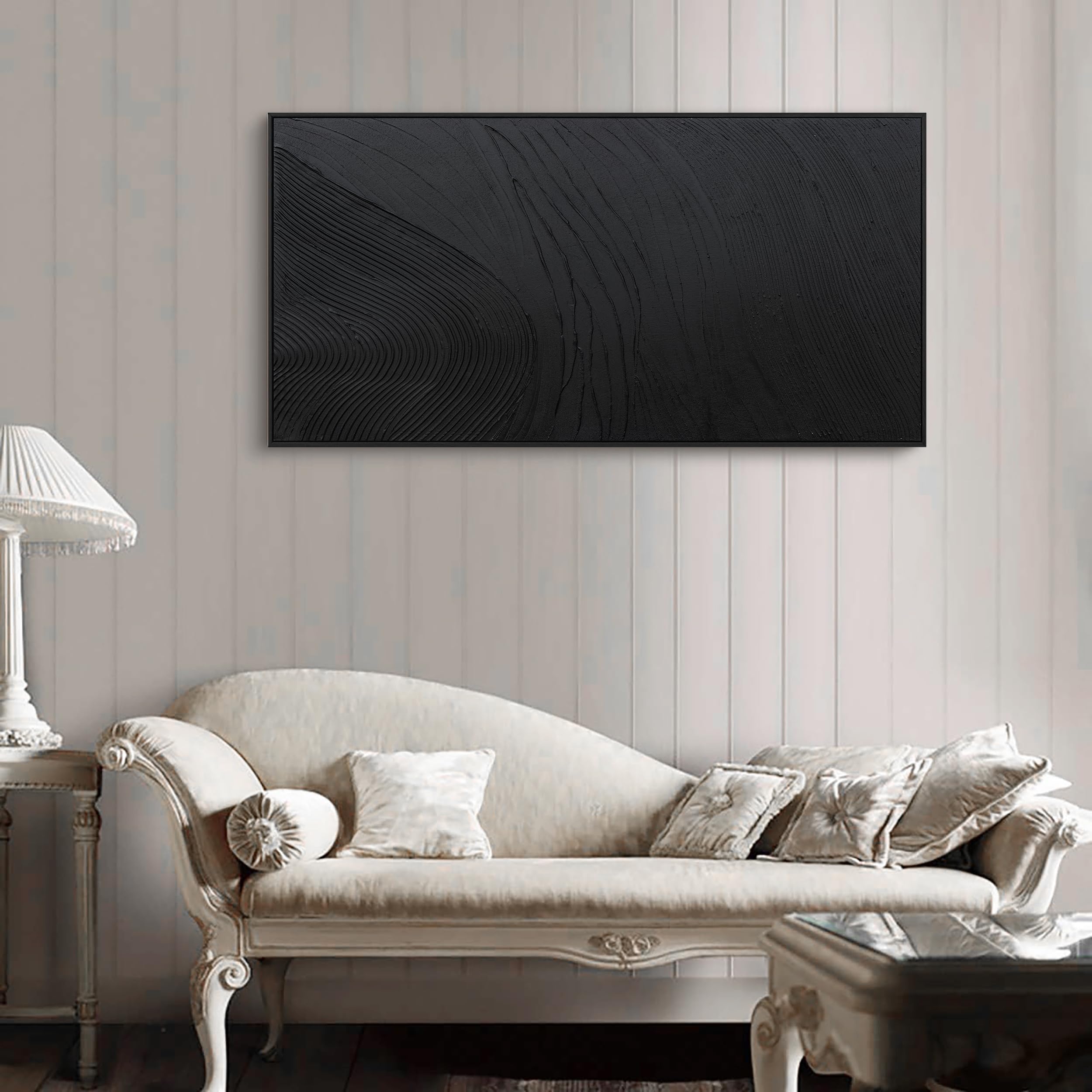 Modern Abstract Black Framed Canvas Wall Art - Hand Painted Line Texture Painting (20x40 Inches) - Ready to Hang for Living Room, Bedroom & Home Office Decor | Contemporary Wall Decor for Modern Interiors