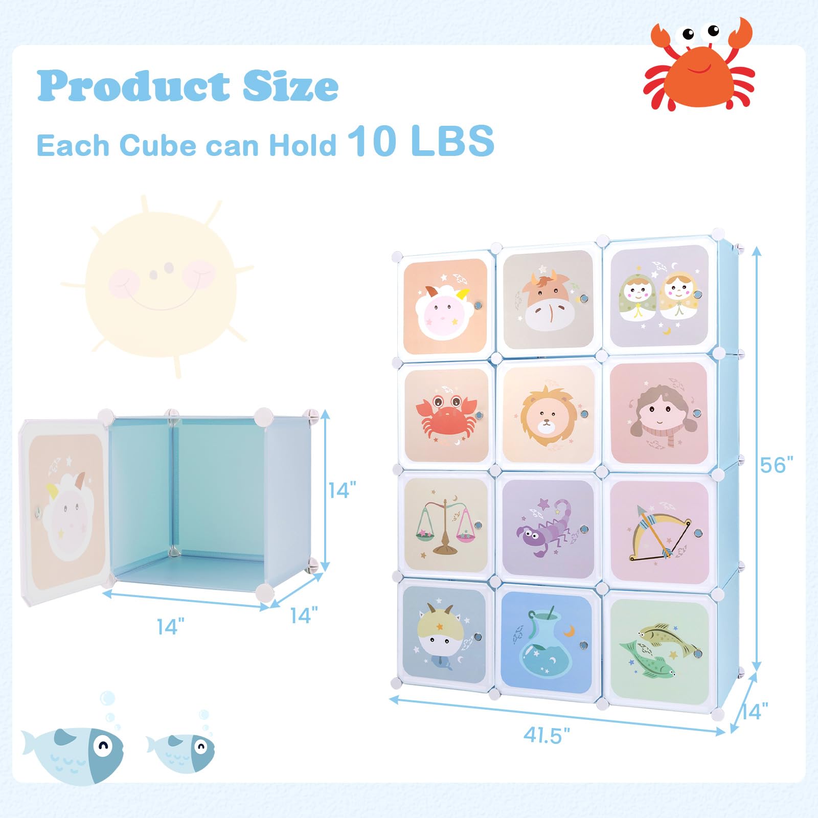 INFANS Kids Wardrobe - 12 Cube 2 Hanging Sections Portable Baby Dresser with Doors, Cute Nursery Closet Organizer for Children's Bedroom | Perfect for Toddler Clothes Storage & Nursery Organization