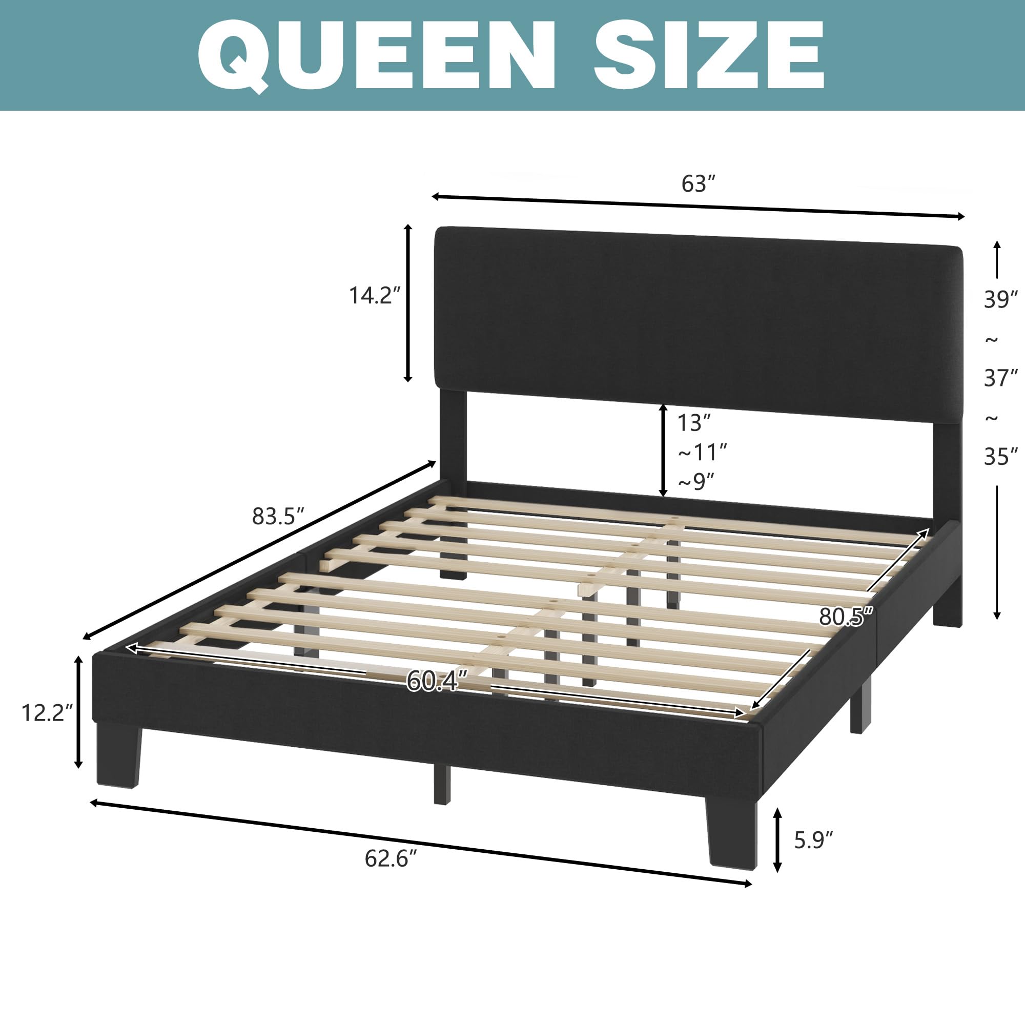 **Lifezone Queen Bed Frame with Upholstered Headboard - Dark Grey Wooden Slat Support, Heavy Duty Metal Feet, No Box Spring Needed - Easy Assembly for Bedroom, Guest Room, or Dorm**