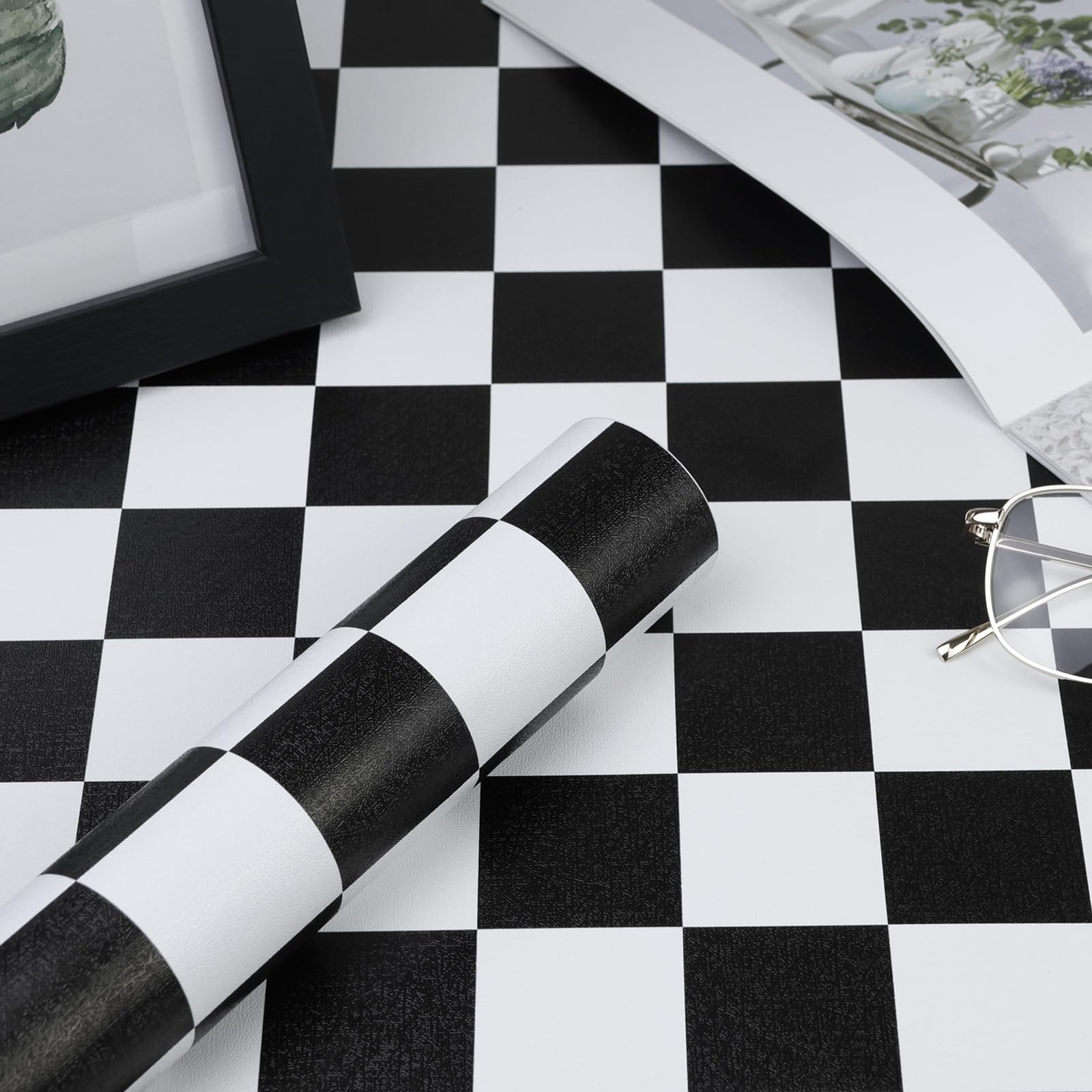 Amiya Black and White Checkered Peel and Stick Wallpaper - 17.3”x80” Self-Adhesive Vinyl Contact Paper for Shelf Liner, Cabinets, Furniture, Bedroom & Living Room Decor - Easy Removable Modern Checkerboard Mosaic Pattern for Home Renovation and DIY Projects
