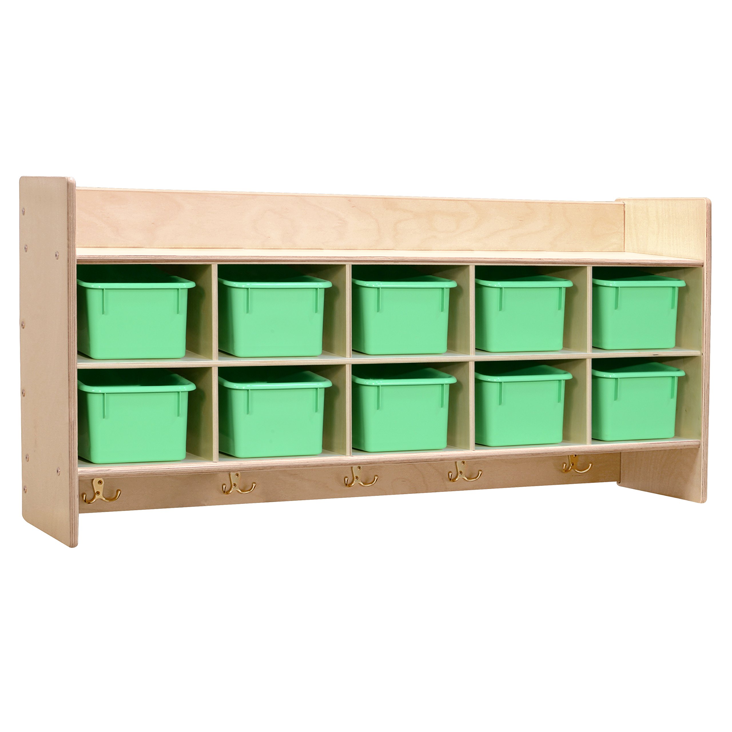 Contender 10-Section Wooden Cubbies Storage Shelf with Plastic Bins - Wall Mounted Organizer with Hooks for Kids Toys, Board Games & Craft Supplies - Greenguard Gold Certified - Perfect for Playrooms, Classrooms & Home Organization