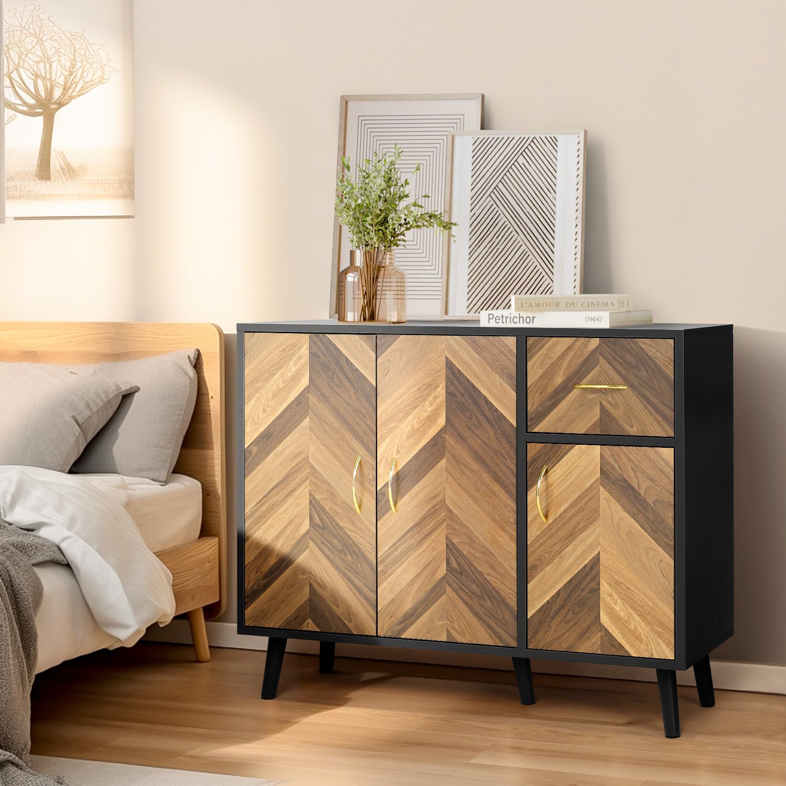 SIHANM 3-Door Sideboard Buffet Cabinet with Drawers & Shelves - Sturdy Free-Standing Storage Cabinet for Hallway, Living Room, Entryway & Kitchen | Perfect for Organizing Dishes, Linens & Home Decor