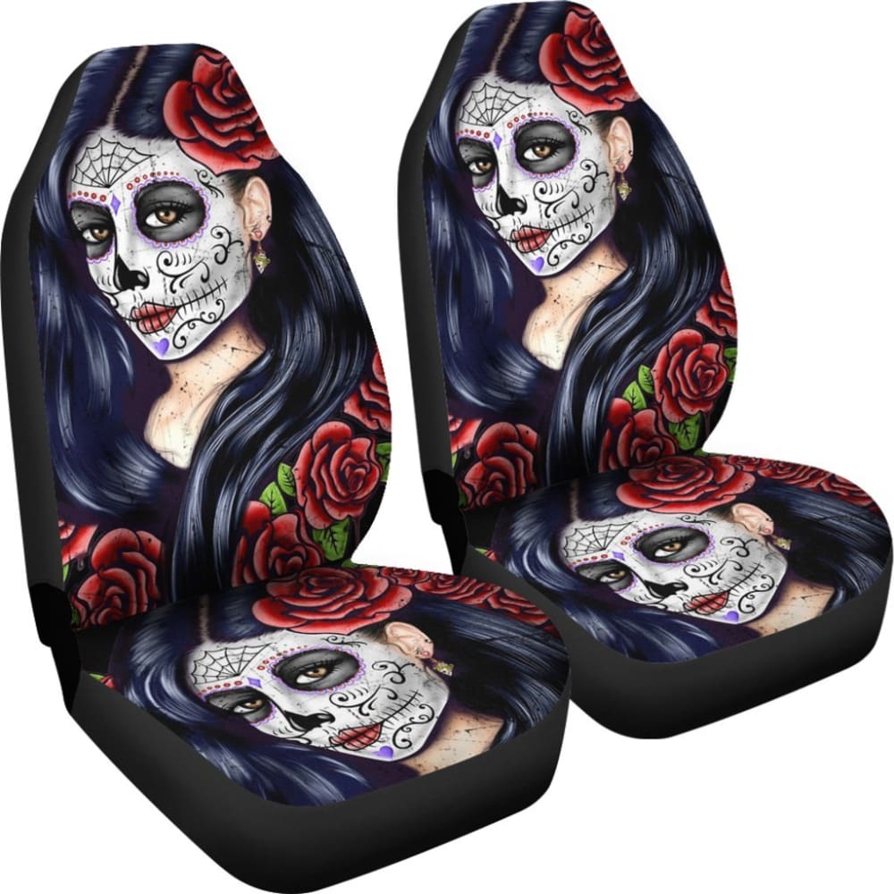 2 Pcs Sugar Skull Girl Car Seat Covers - Gothic Mexican Day of the Dead Design - Universal Fit for Most Vehicles - Perfect for Halloween, Dia de los Muertos & Car Decor