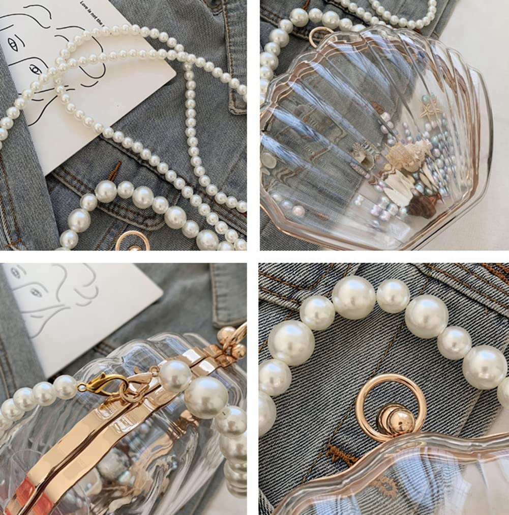 Fairy Shell Evening Purse for Women - Clear Transparent Handbag with Pearl Accents, Chic Party Clutch & Shoulder Bag - Perfect for Weddings, Prom, Cocktail Parties & Special Occasions