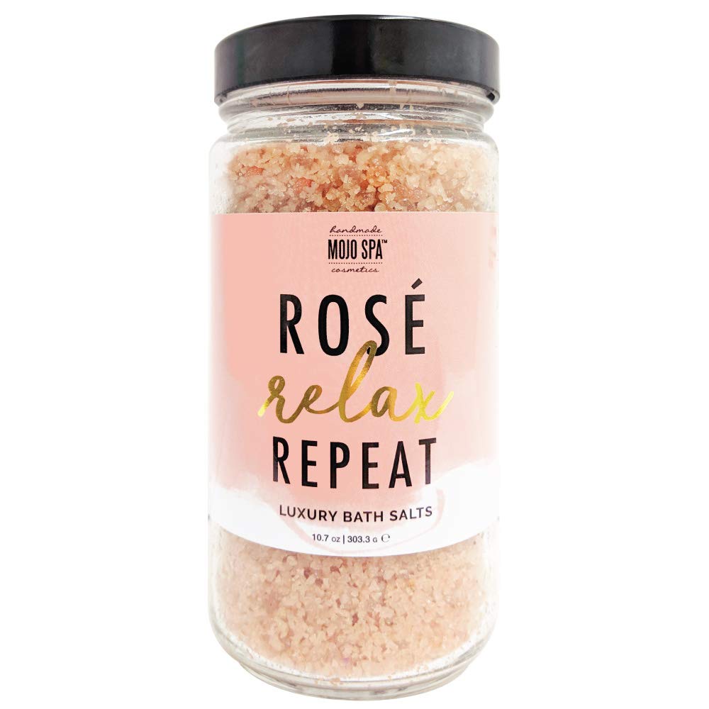 Mojo Spa Rosé Relax Repeat Extra Large Gift Set - 4 Handmade Natural Bath & Body Products for Women | Face & Body Scrub, Soap Cream, Bath Salts, Massage Candle | Perfect for Self-Care, Spa Day, Birthday & Anniversary Gifts