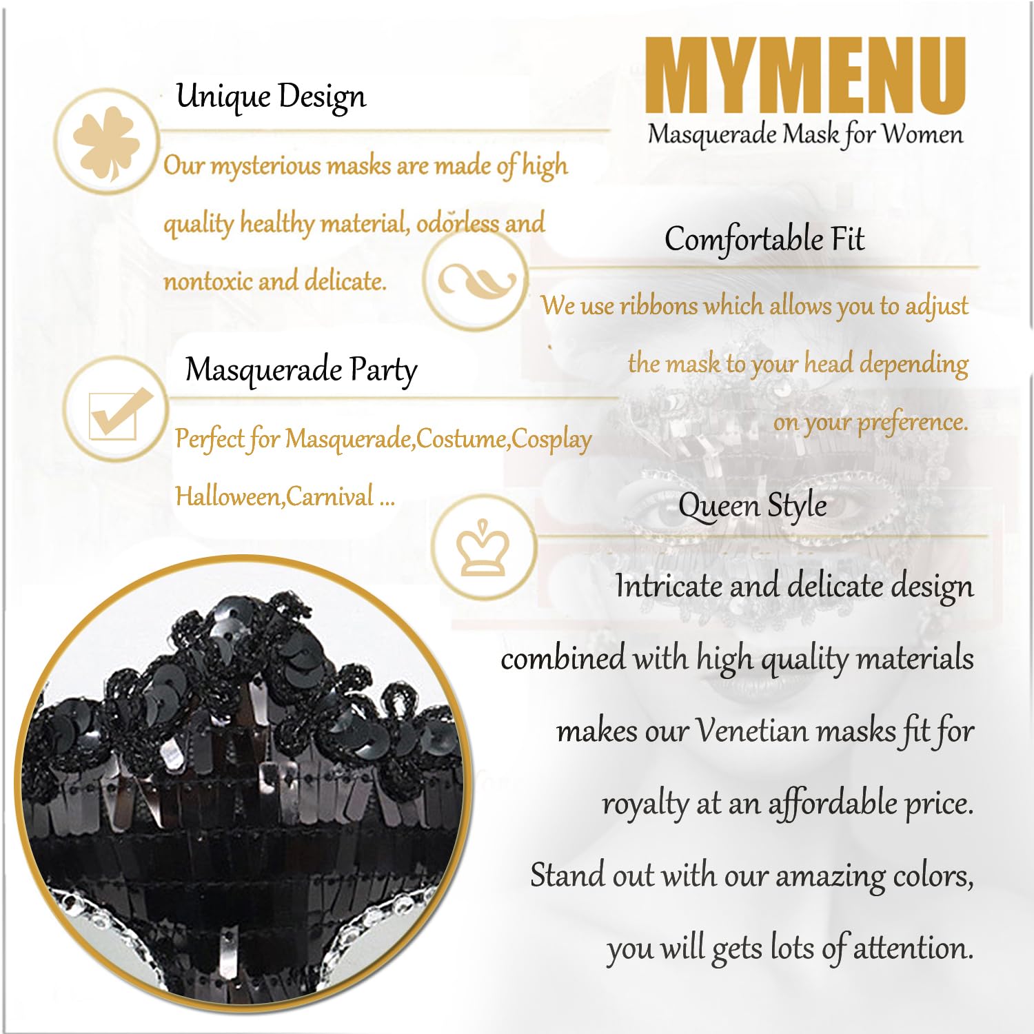 Elegant MYMENU Masquerade Mask Set for Women & Men - Shiny Venetian Party Mask for Halloween, Prom, Couples Costume & Masquerade Ball | Perfect for Themed Parties, Cosplay & Special Events