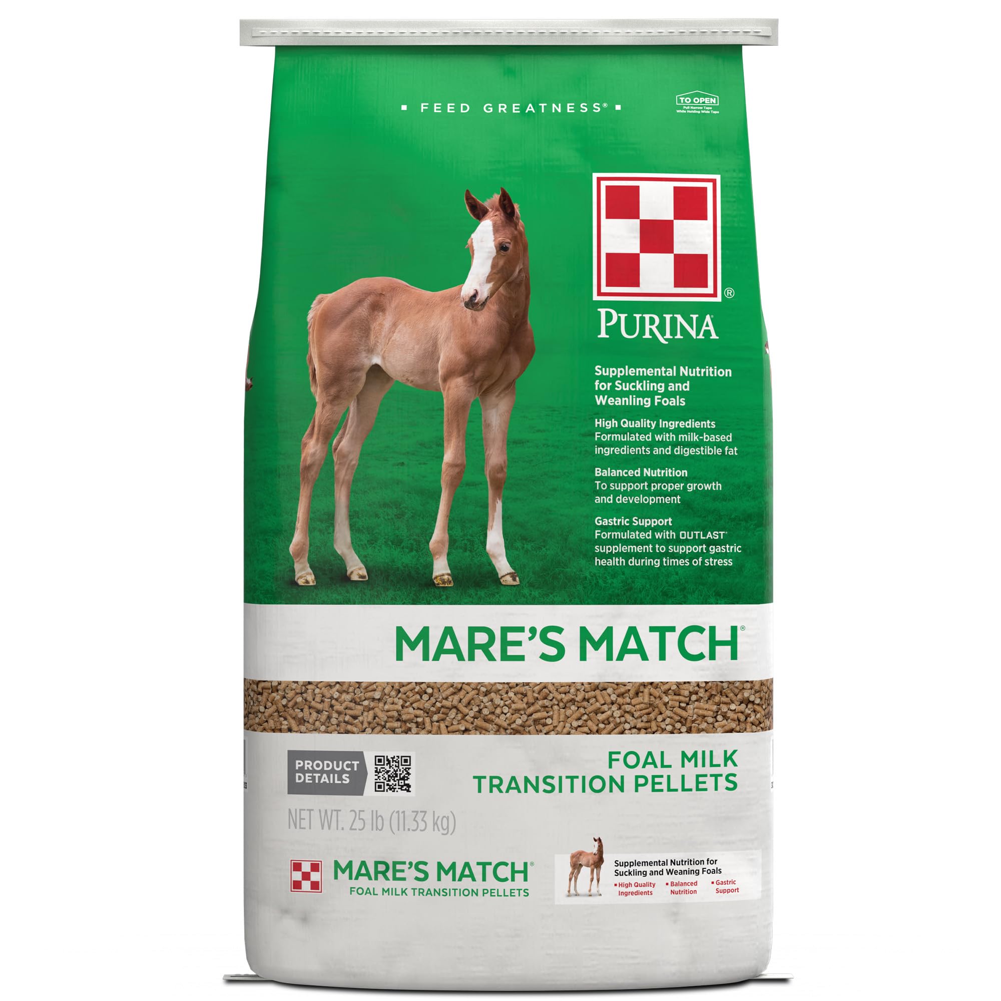 Purina Mare's Match Foal Horses Milk Transition Pellets - 25 LB Bag | High Protein Foal Nutrition for Healthy Growth & Weaning | Ideal for Foal Development & Mare Milk Replacement