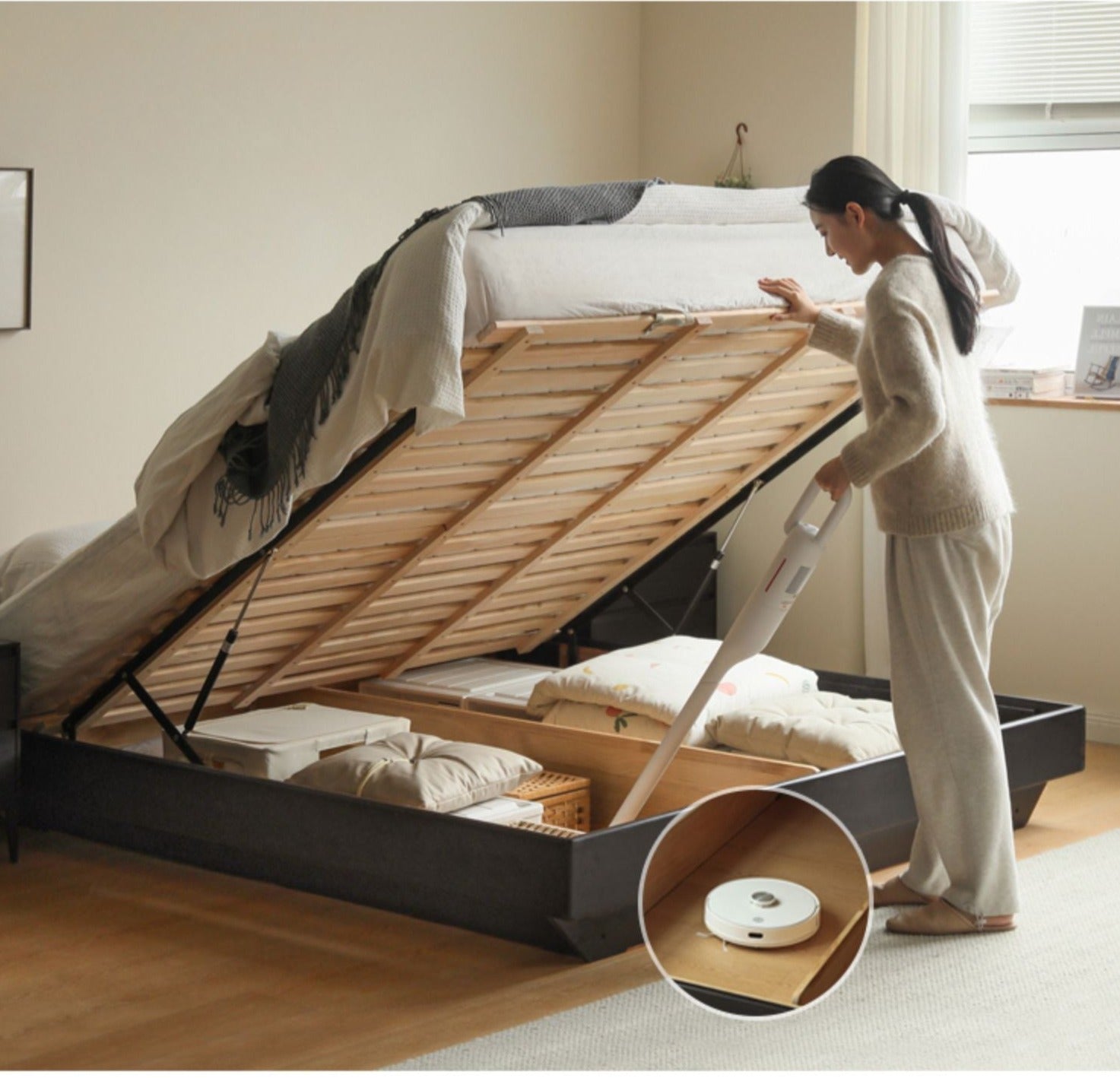 Solid Oak Wood Floating Platform Bed with LED Lights - Modern Smoky Finish for Bedroom, Guest Room, or Studio Apartment