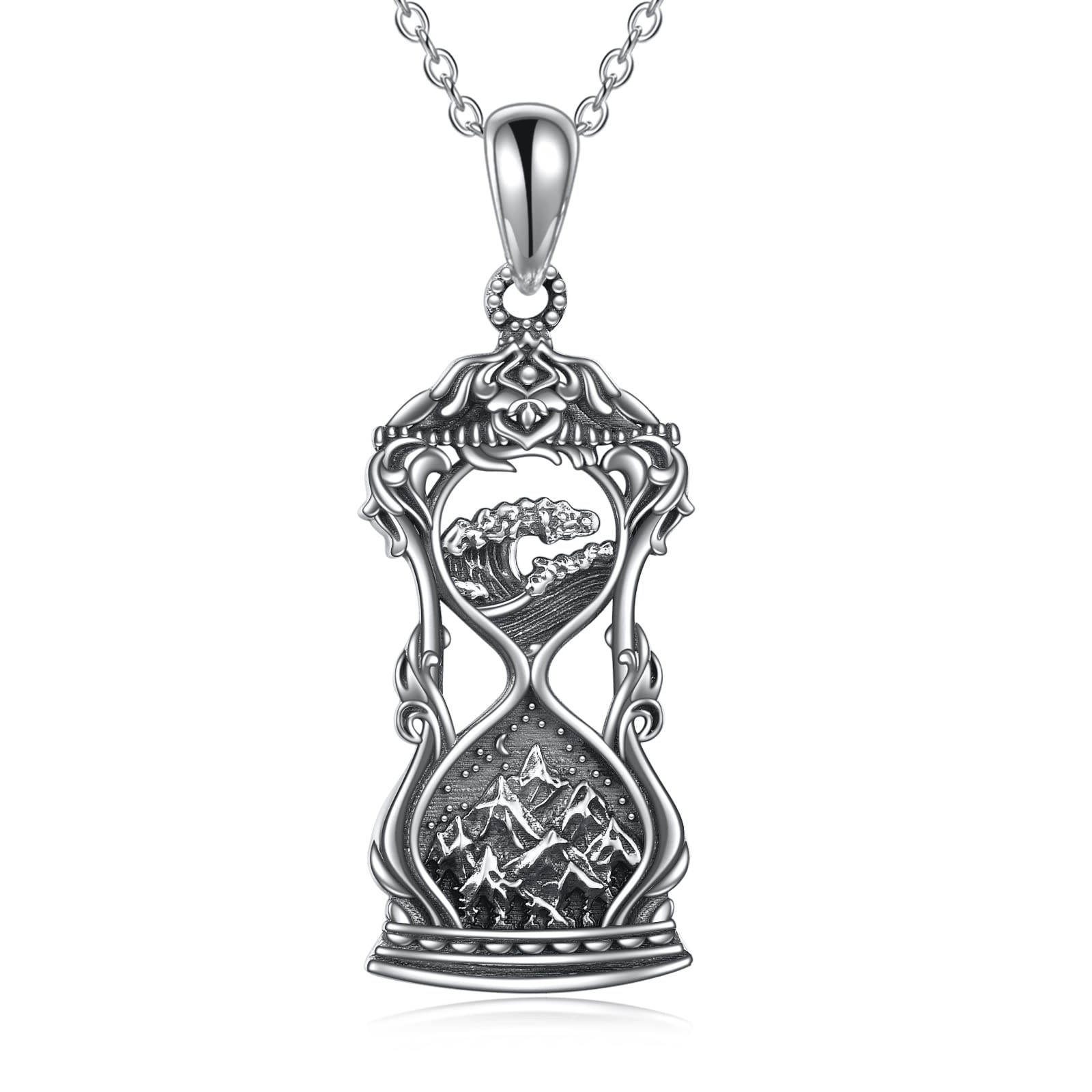925 Sterling Silver Mountain Wave Pendant Necklace with Hourglass Charm - Elegant Nature-Inspired Jewelry for Women, Perfect for Daily Wear, Gifts & Special Occasions