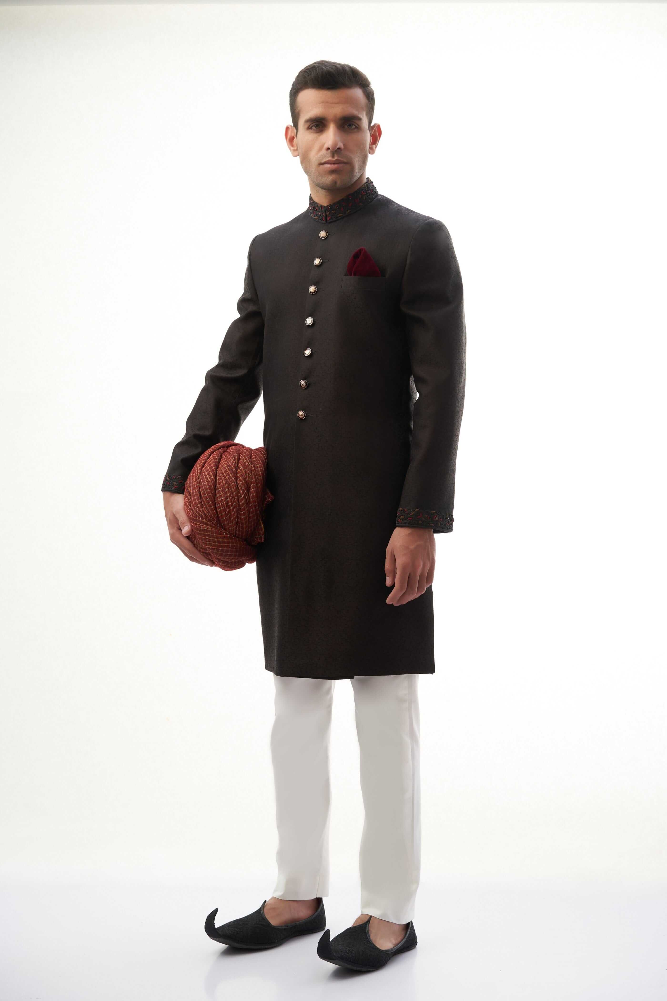 Elegant Jet Black Brocade Silk Sherwani for Men | Traditional Indian Wedding Attire | Perfect for Grooms, Festivals & Special Occasions
