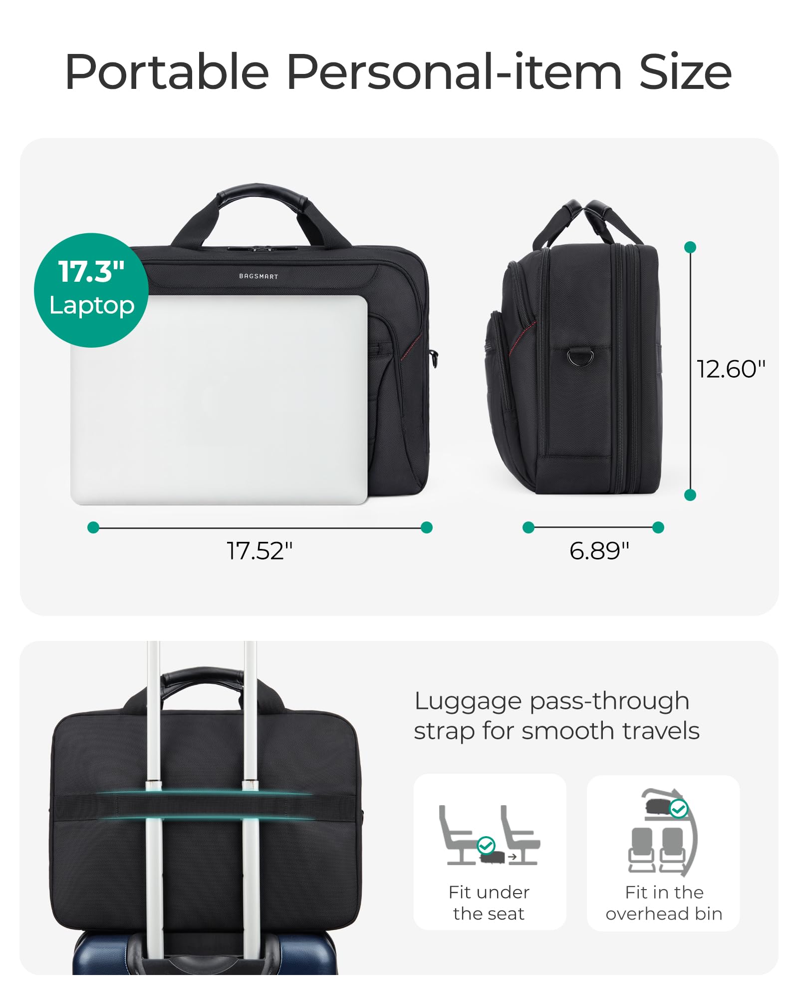 BAGSMART 17.3 Inch Expandable Laptop Briefcase for Men - Water-Resistant Business Travel Computer Bag with USB Charging Port - Perfect for Office, Commuting & Airplane Carry-On (Black)