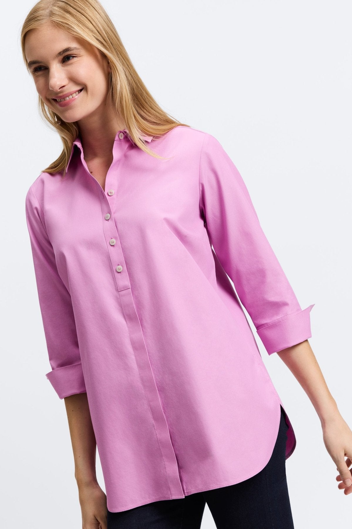 Madison No Iron Pinpoint 3/4 Sleeve Tunic Shirt for Women - Wrinkle-Free Office Wear & Casual Outfits - Perfect for Work, Travel and Everyday Comfort