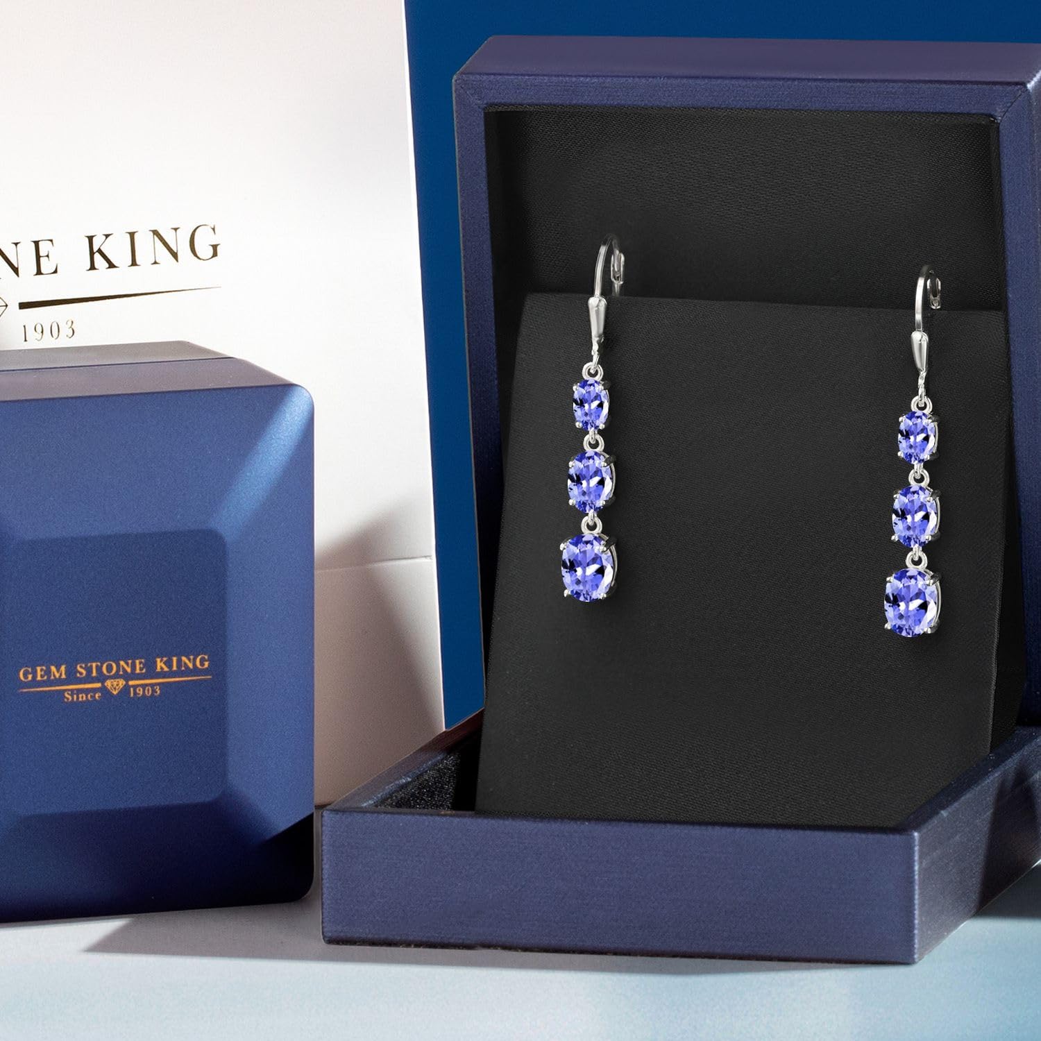 Gem Stone King 3-Stone Leverback Drop Dangle Earrings for Women - 925 Sterling Silver Birthstone Jewelry | Oval 8x6mm, 7x5mm & 6x4mm Gemstones | Elegant Gift for Mom, Wife, Her | Perfect for Weddings, Anniversaries & Special Occasions