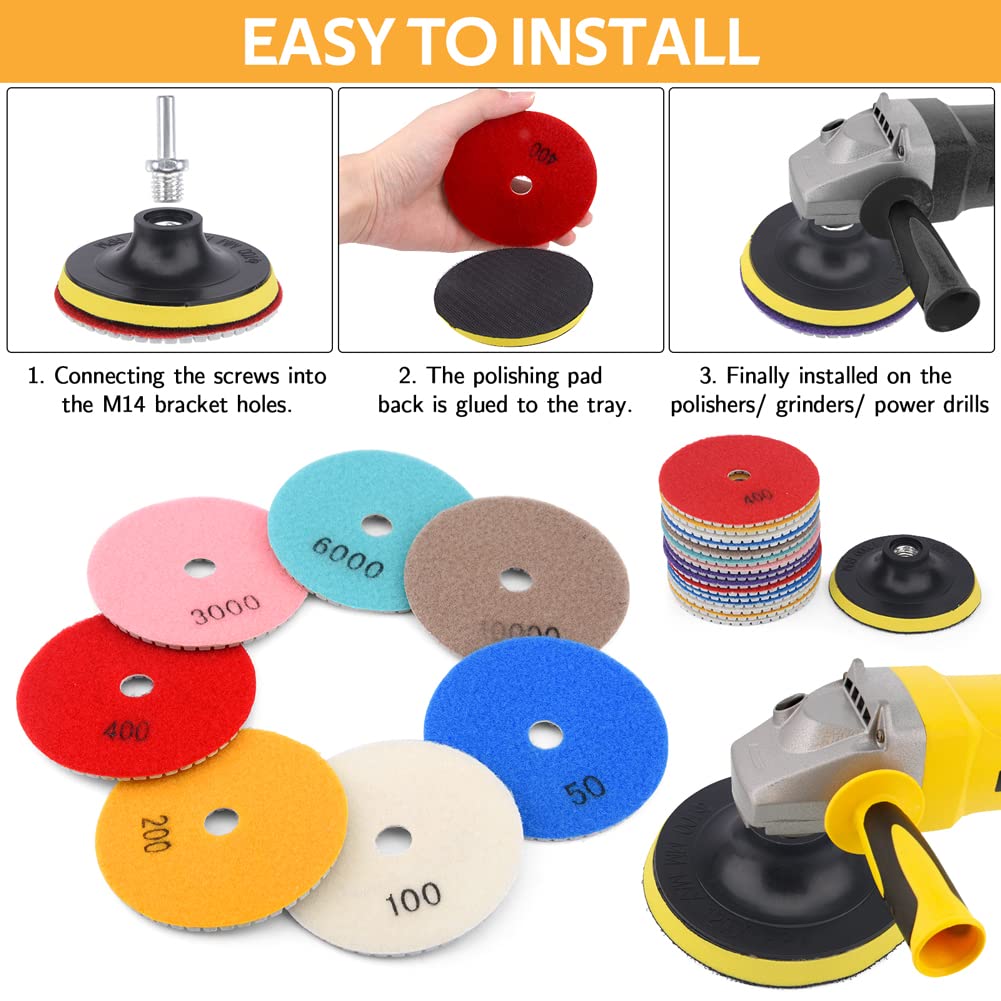 16Pcs Diamond Polishing Pads Set - 4 Inch Wet/Dry Grinding Discs Kit (50#-10000# Grit) with Back Holder for Drill, Grinder & Polisher - Perfect for Granite, Concrete, Marble Countertops & Stone Surfaces - Professional Stone Restoration & DIY Home Improvement Projects
