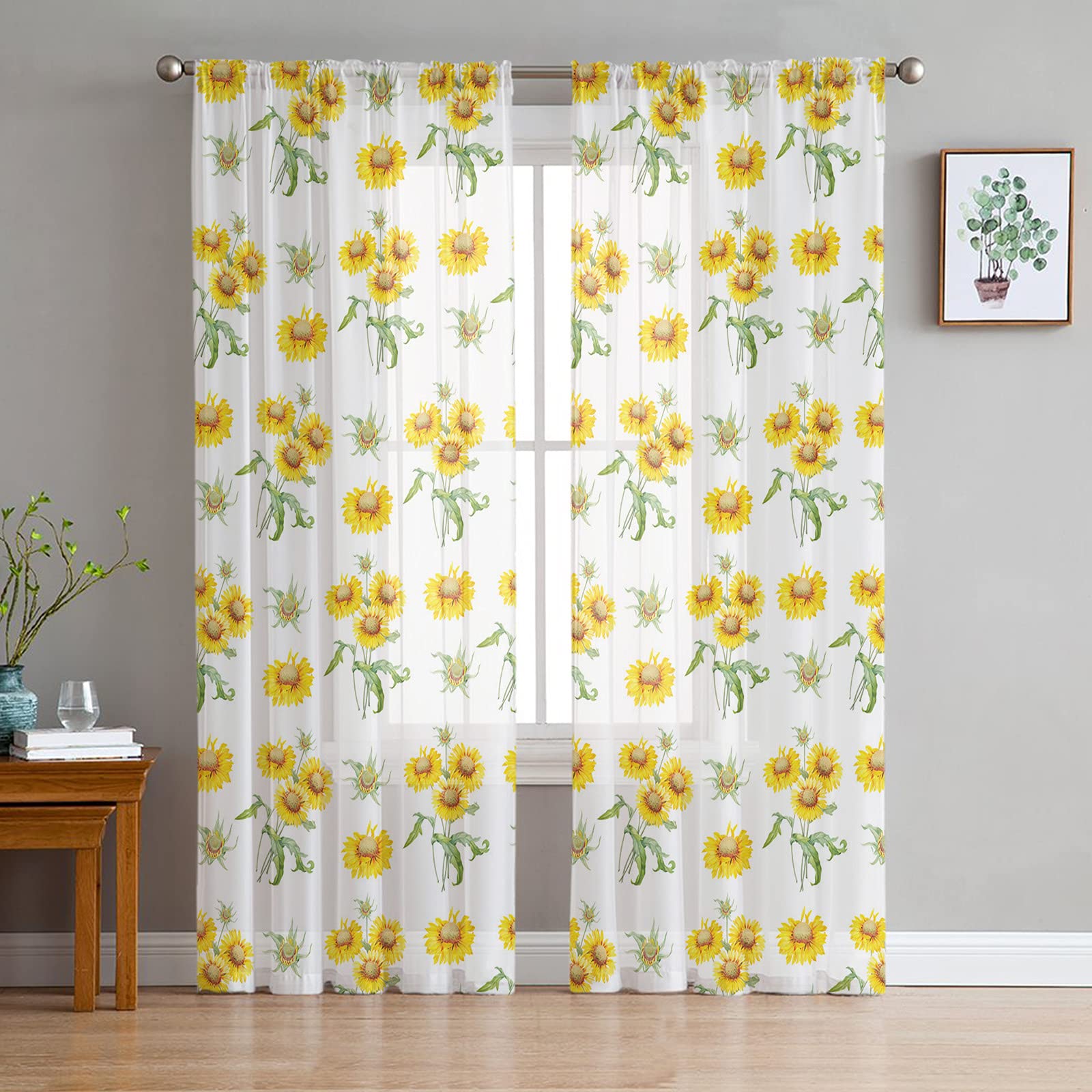 Sunflower Sheer Curtains 63 Inch Length - 2 Panel Set with Rod Pocket | Yellow Floral Voile Window Drapes for Kitchen, Bedroom & Living Room | Farmhouse Decor, Spring & Summer Home Styling