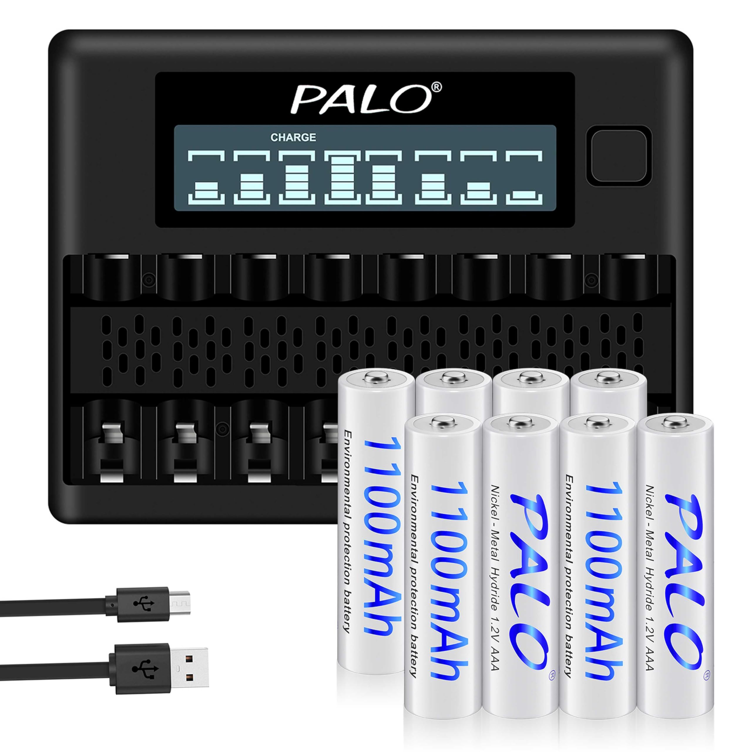Palogreen 8-Pack AAA Ni-MH Rechargeable Batteries 1.2V with 8-Slot Smart LCD Fast Charger - Low Self Discharge for Toys, Cameras, Flashlights & Electronics