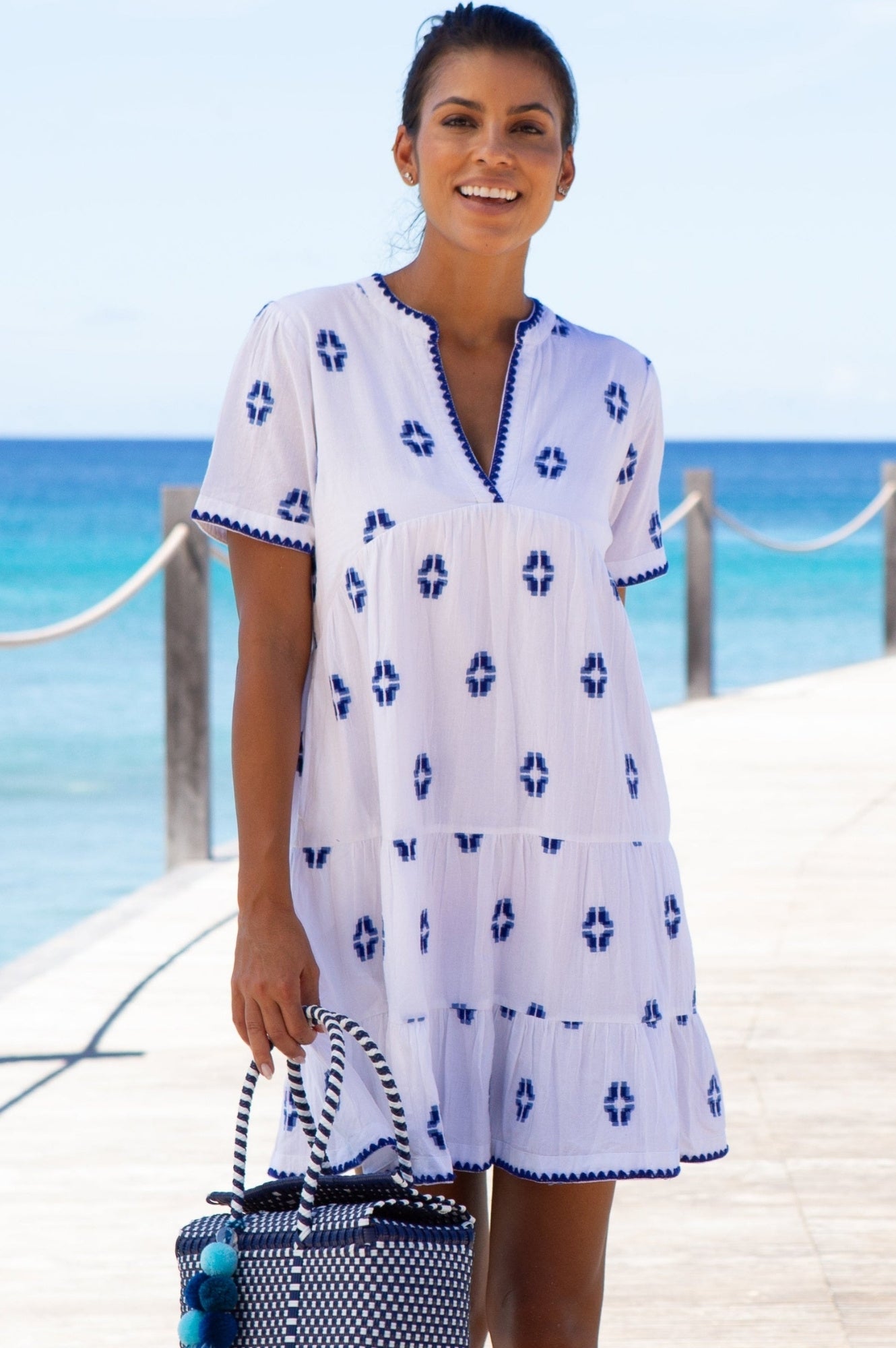 Handmade Indian Embroidered Organic Cotton Dress for Women - Breathable Summer Maxi Dress in White & Blue | Perfect for Beach Vacations, Boho Festivals & Casual Outings