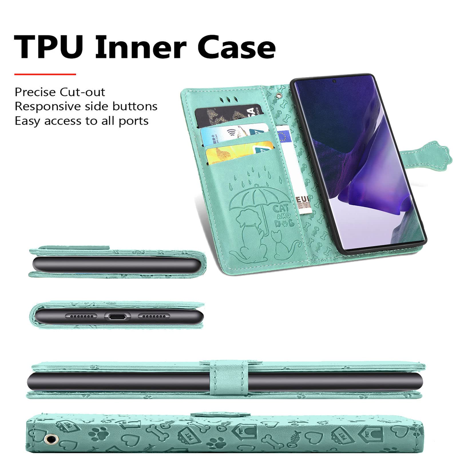 Cute Cartoon Wallet Case for Samsung Galaxy S22 Ultra - Cat & Dog Design Flip Cover with ID Card Holder, PU Leather Protective Phone Case (MG Green) | Perfect for Daily Use, Travel & Hands-Free Convenience