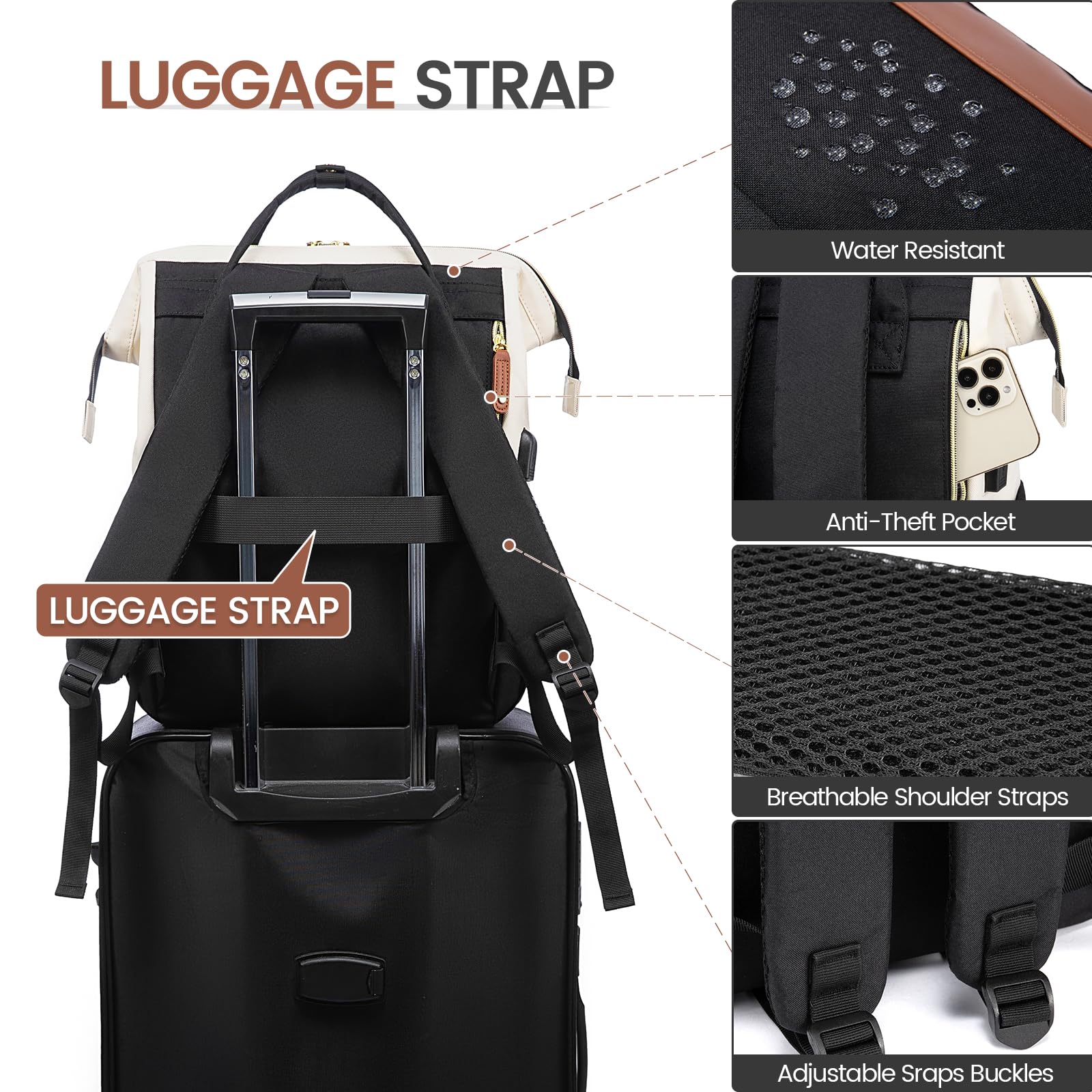 LOVEVOOK 15.6 Inch Laptop Backpack for Women & Men - Water Resistant USB Charging Daypack for Nursing, Business Travel & Work - Lightweight Wide Opening Backpack in Beige, Black & Brown | Perfect for Commuting, College Students & Daily Office Use