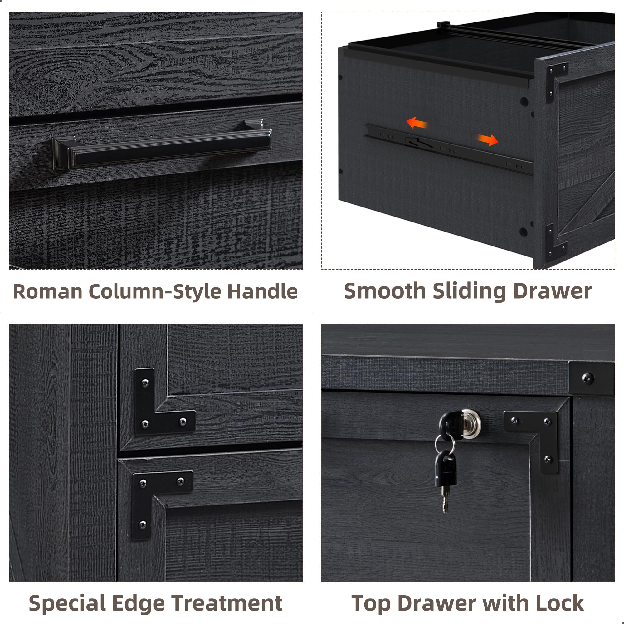 JXQTLINGMU 2 Drawer Farmhouse File Cabinet with Lock - Lateral Office Storage for Legal Letter, A4 & F4 Size Documents - Perfect for Home Office Organization & Filing Systems (Black)