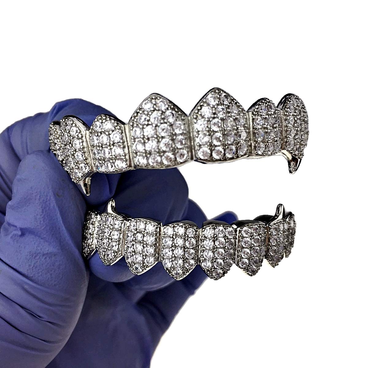 Vampire Fangs CZ Grillz Set - Silver Tone 8 Top & 8 Bottom Teeth Iced Bling Grills for Halloween Costume & Hip Hop Fashion Accessories