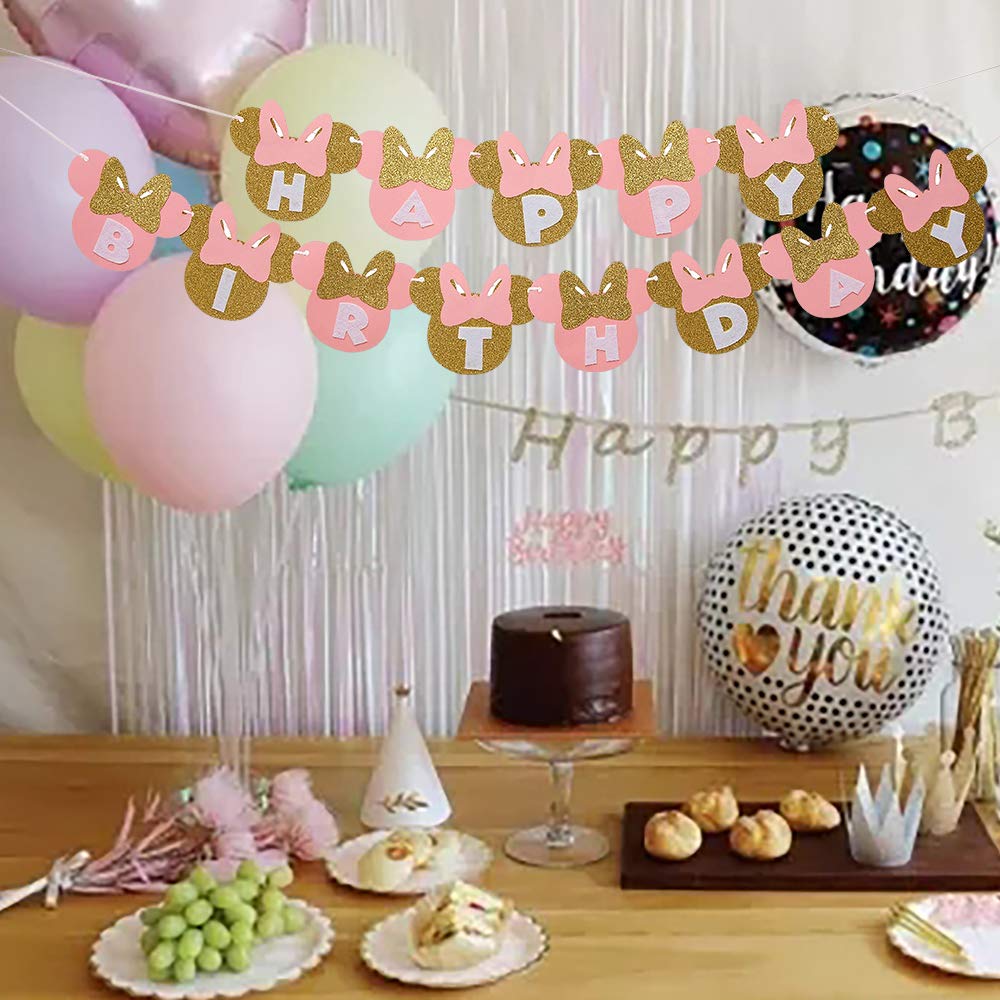 Pink and Gold Minnie Mouse Birthday Banner - Minnie Mouse Party Decorations, Happy Birthday Banner for Girls, Baby Shower & Birthday Party Supplies - Perfect for Disney Themed Parties, Kids Room Decor, and Special Celebrations