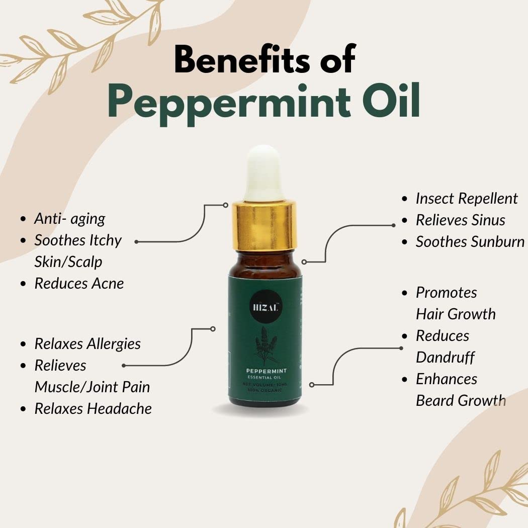 HIZAL 100% Pure & Natural Peppermint Essential Oil - 10ML for Face, Hair, Skin Care & Aromatherapy | Relieves Stress, Boosts Energy & Freshens Air