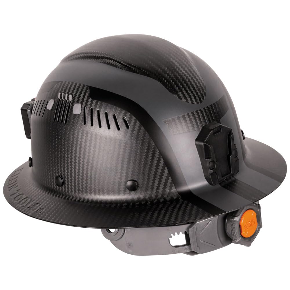 Klein Tools 60514 K12 Series Carbon Fiber Full Brim Hard Hat with Rechargeable Headlamp - Vented Class C Type 1 Spartan Helmet for Construction, Electrical Work & Industrial Safety