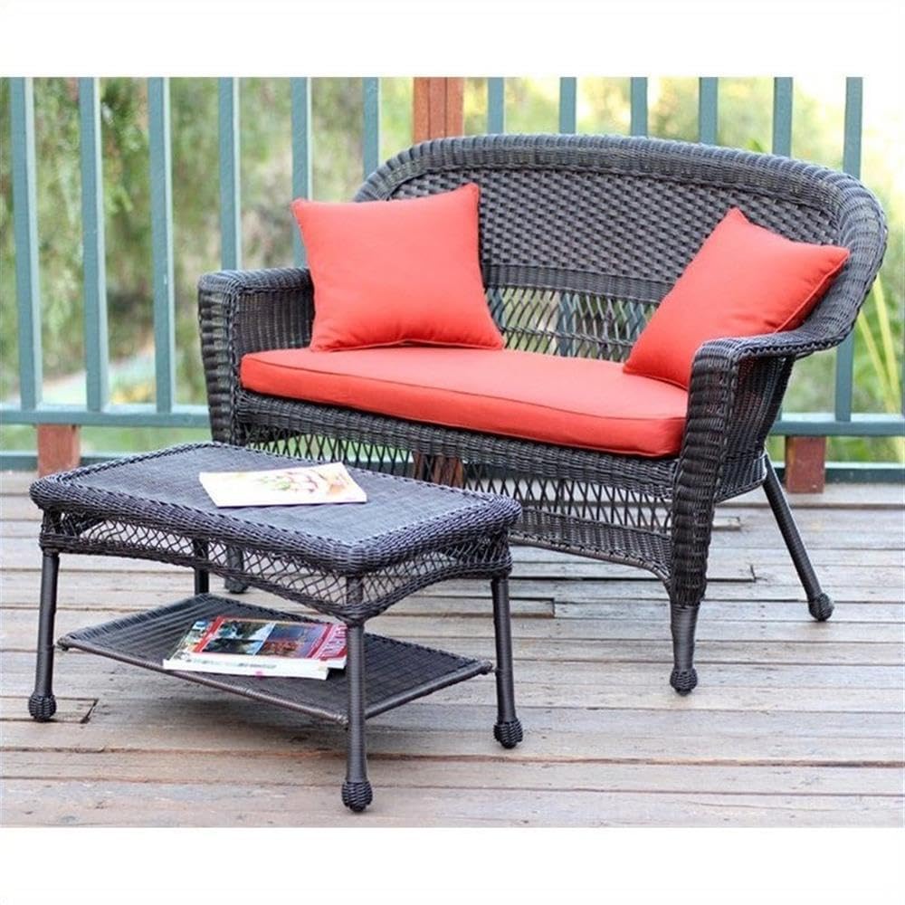 Jeco Wicker Patio Set - Love Seat & Coffee Table with Cushions for Outdoor Relaxation