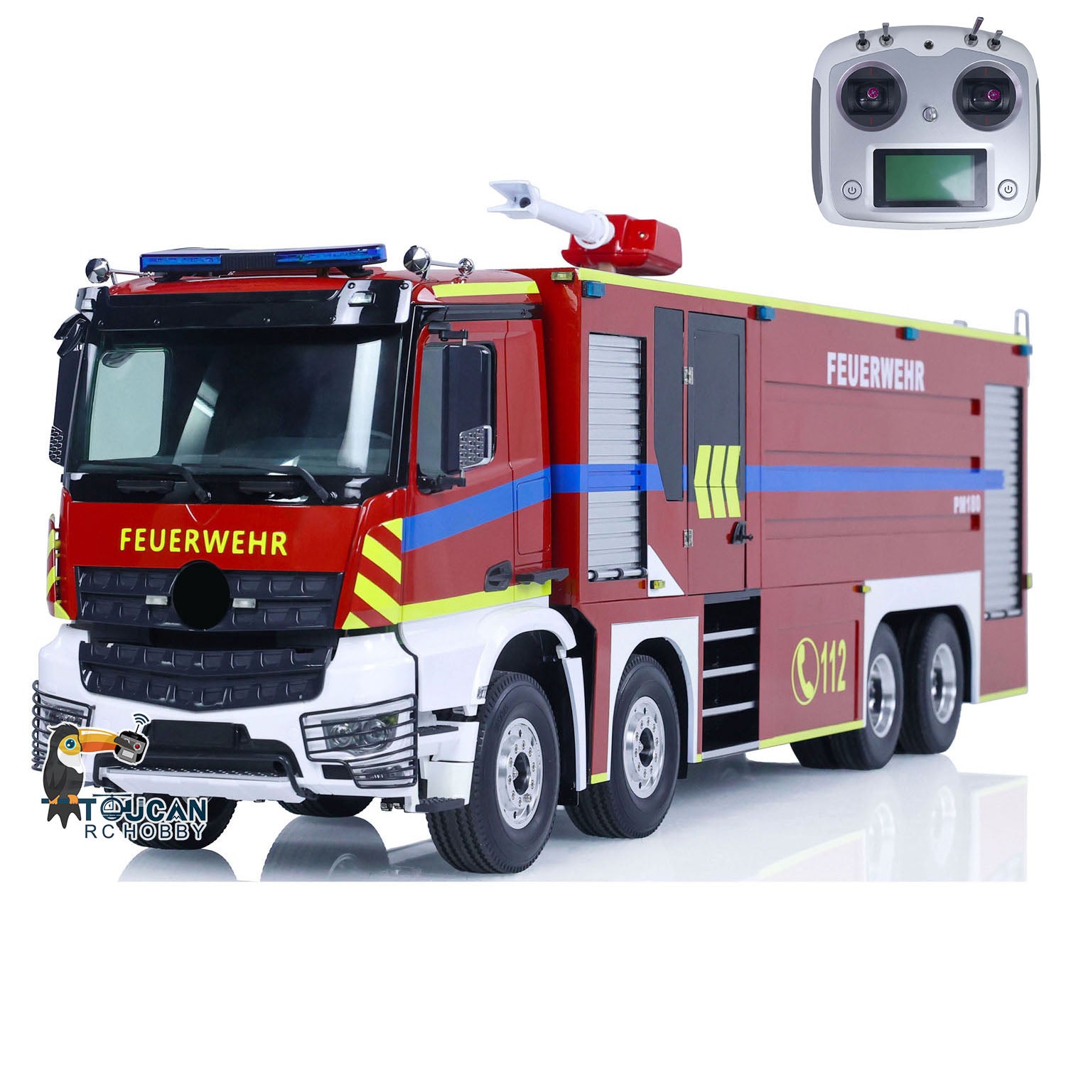 1/14 Scale 8x4 RC Fire Truck with Remote Control, Sprinkler System, Realistic Sounds & Painted Body - DIY Assembled Firefighting Toy for Kids & Adults - Perfect for Emergency Simulation & Playtime Scenarios