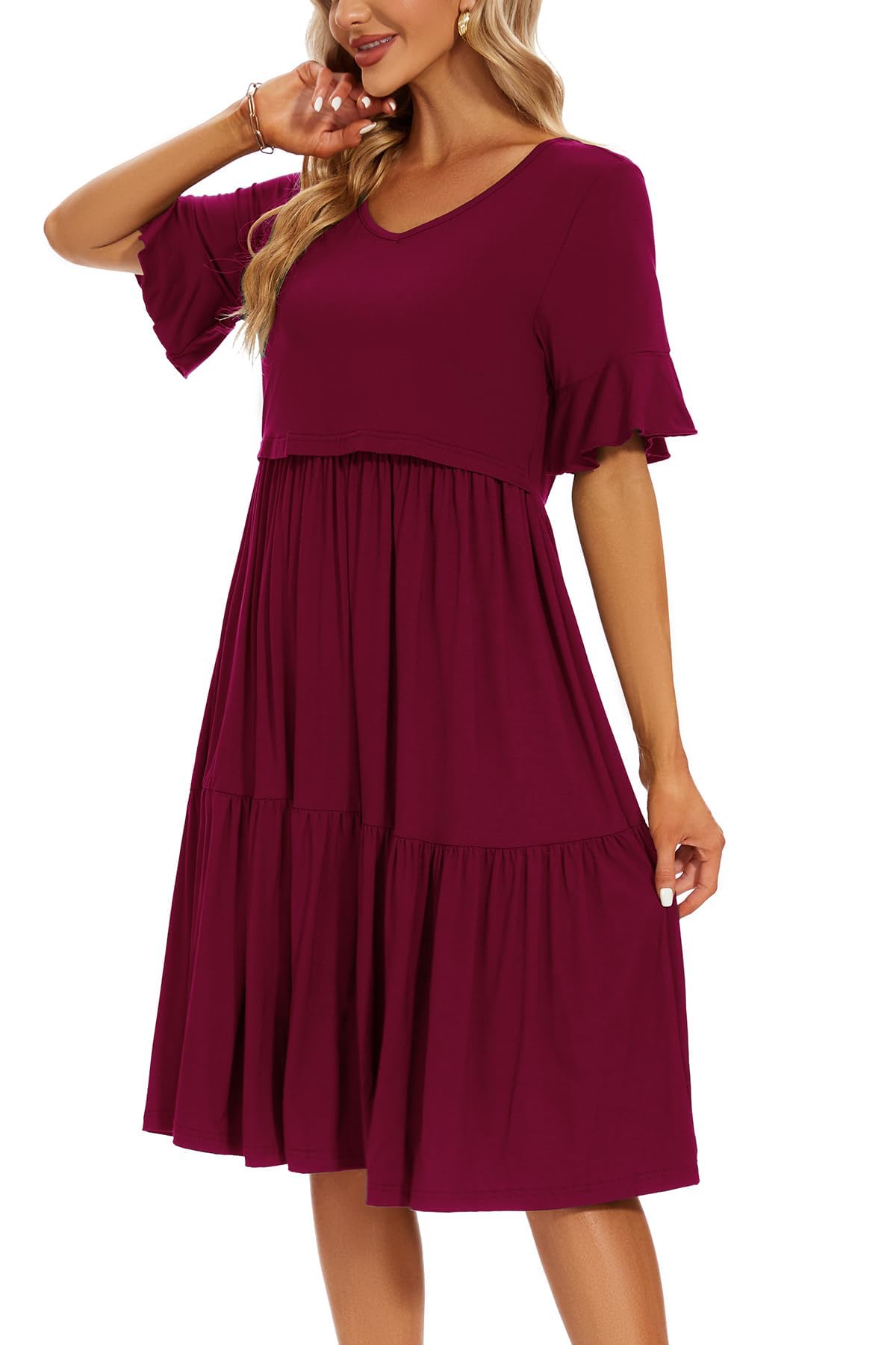 Smallshow Women's Maternity Nursing Dress - Ruffle Short Sleeve Breastfeeding Clothes for Pregnancy & Nursing - Perfect for Casual Wear, Outings & Nursing in Comfort