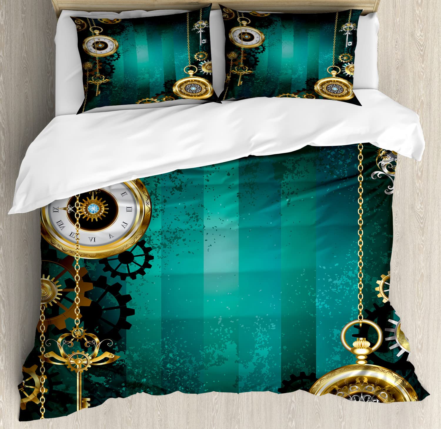 Ambesonne Steampunk Duvet Cover Set King Size 2-Pack - Vintage Watches, Keys & Chains Design in Green & Gold - Includes 2 Duvet Covers & 4 Pillowcases - Perfect for Industrial & Gothic Bedroom Decor