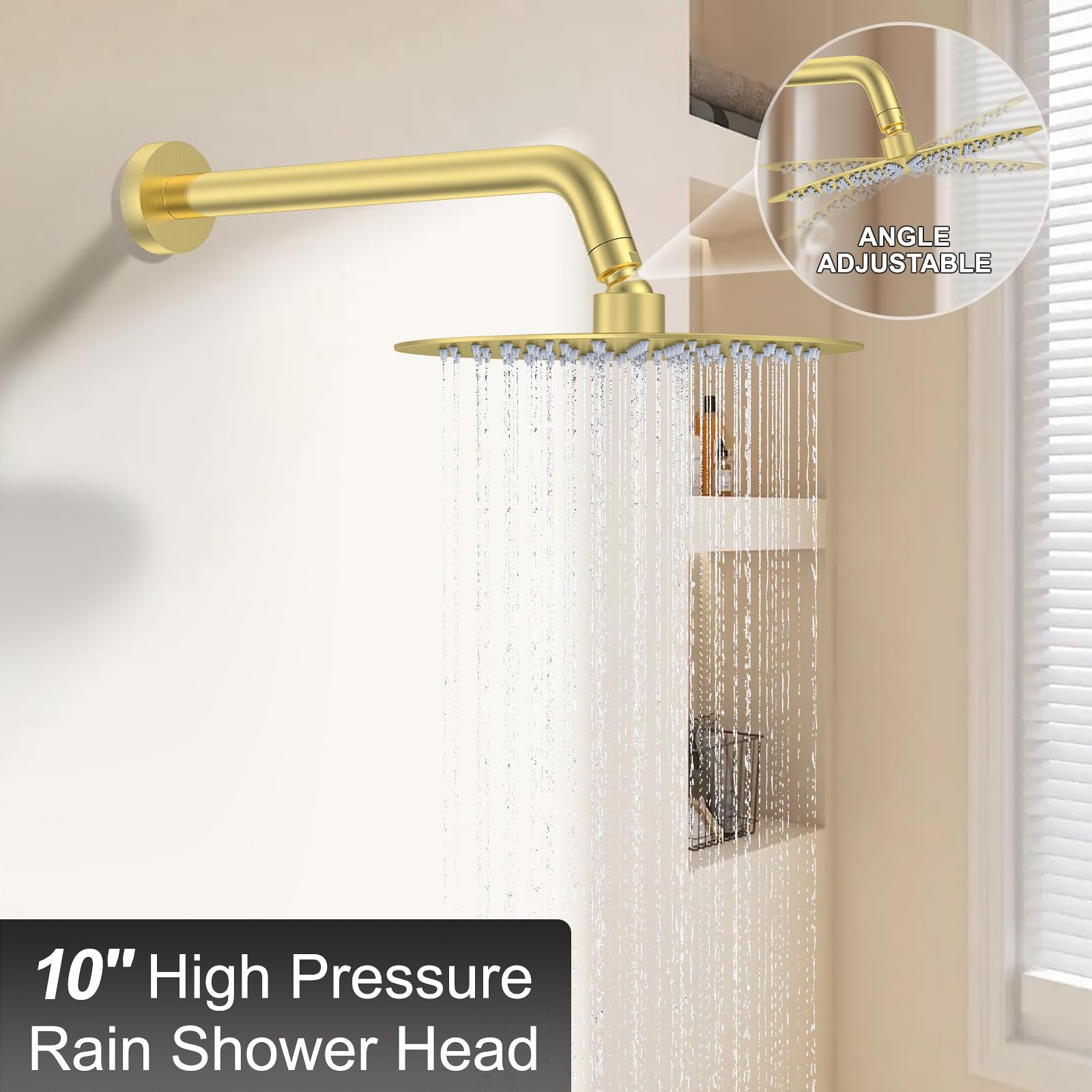 10 Inch Brushed Gold Shower System - High Pressure Rain Shower Head & Handheld Shower Combo with Wall Mounted Mixer Faucet, Rough-in Valve & Trim Kit | Luxury Bathroom Upgrade for Spa-Like Experience